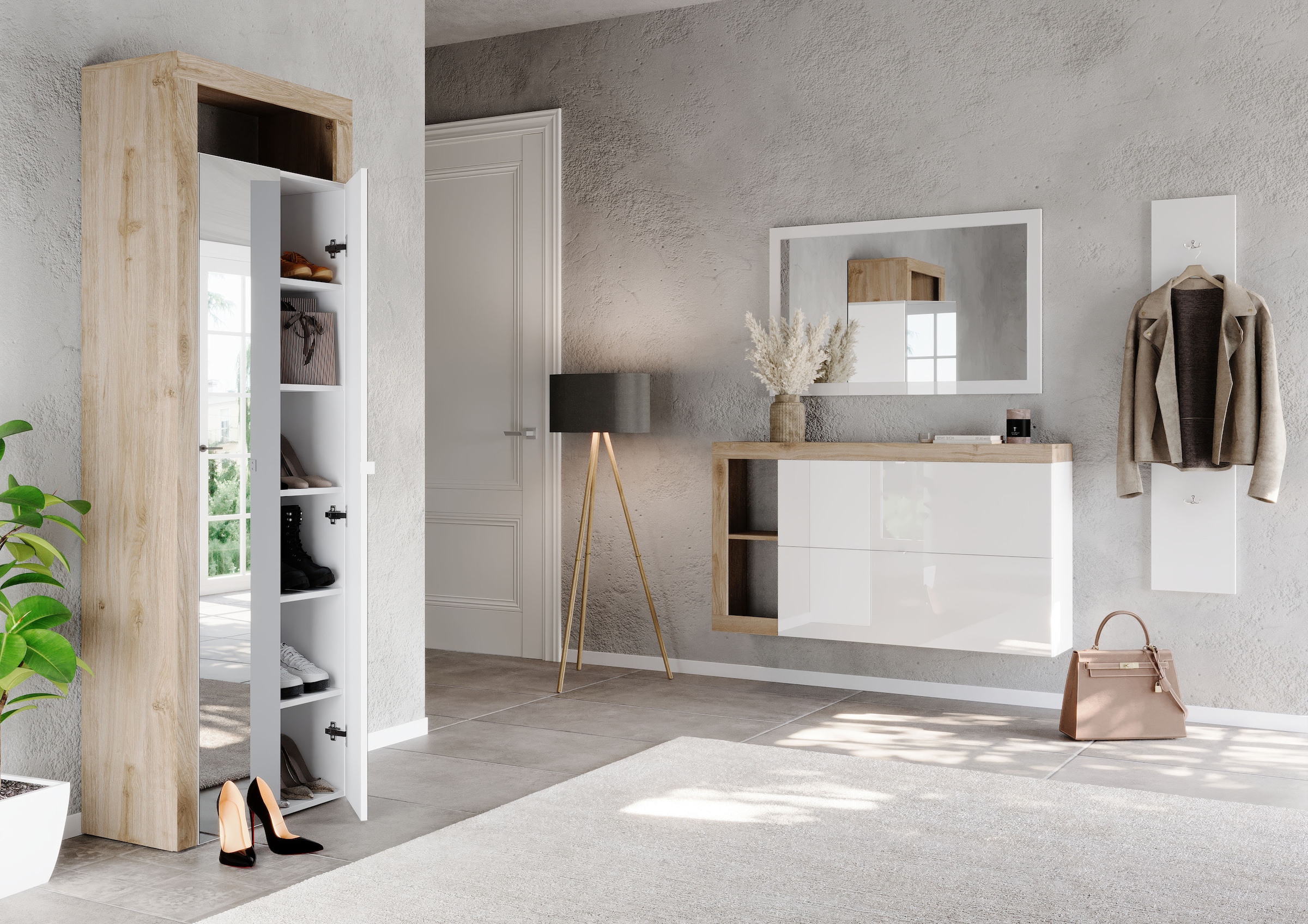 INOSIGN Schuhschrank »HAMBURG Höhe 195 cm, Hochschrank, 2 Spiegeltüren, dekorativer Rahmen,«, Schuhregal mit 6 Ebenen, Ablagefach, verstellbare Böden, Metallgriff