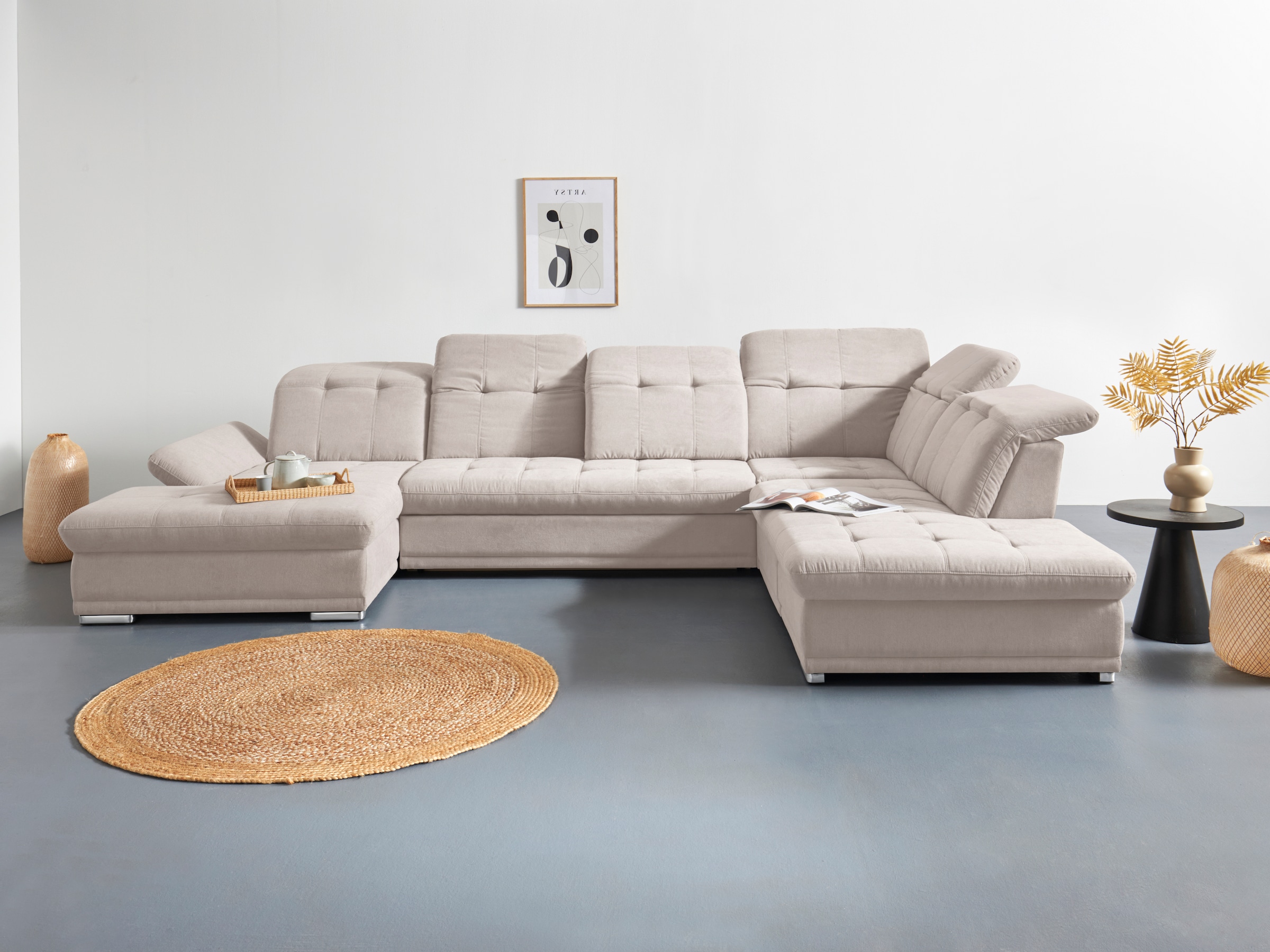 Wohnlandschaft COTTA "Holiday U-Form mit Sitztiefen-, Armteil- und Kopfteilverstellung", grau (elephant), B:386cm H:86cm T:265cm, 100% Polyester, Sofas, Wohnlandschaft, wahlweise mit Bettfunktion & Bettkasten