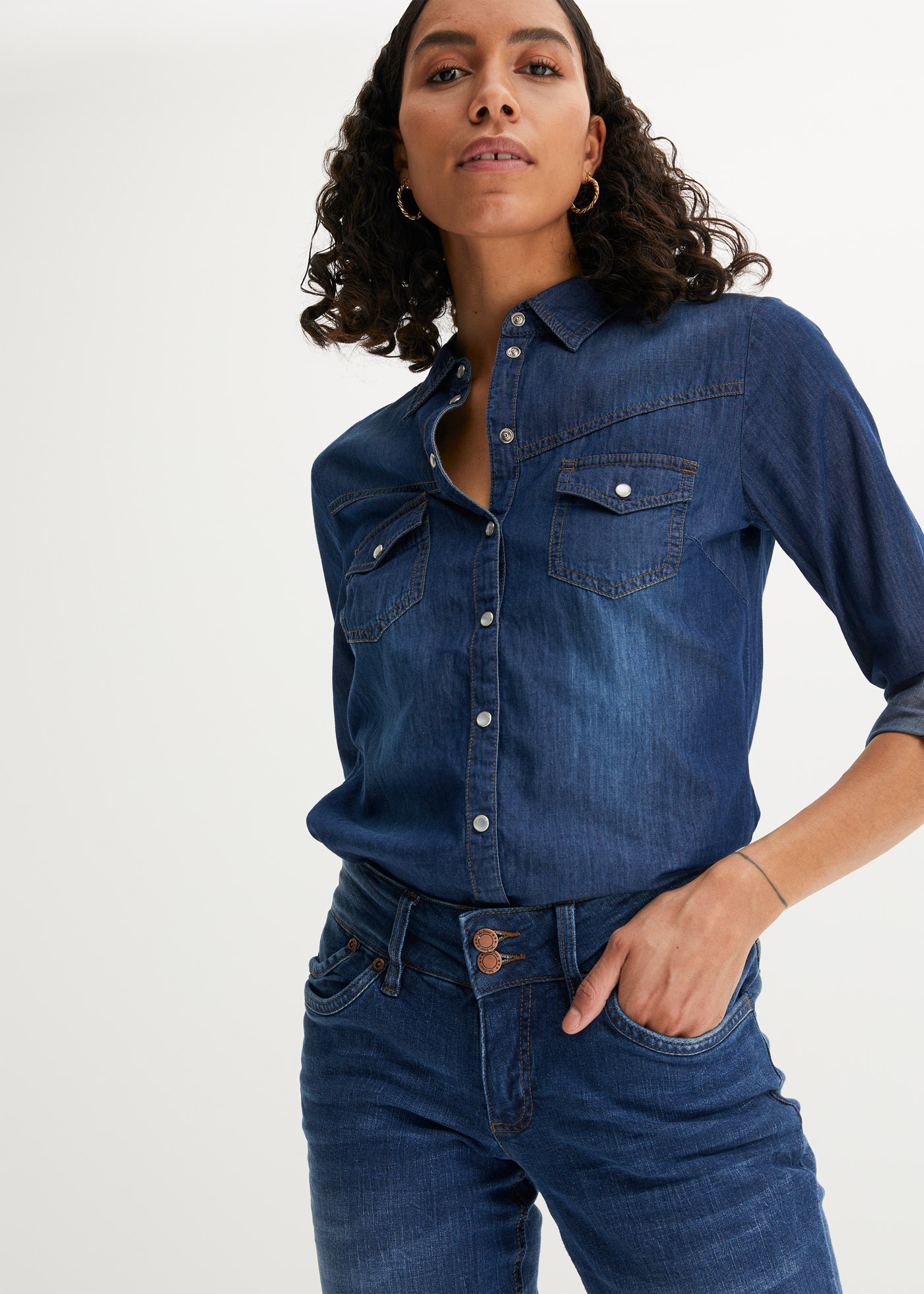 bonprix Jeansbluse schmale Passform, aus reiner Baumwolle, mit Druckknopfle günstig online kaufen