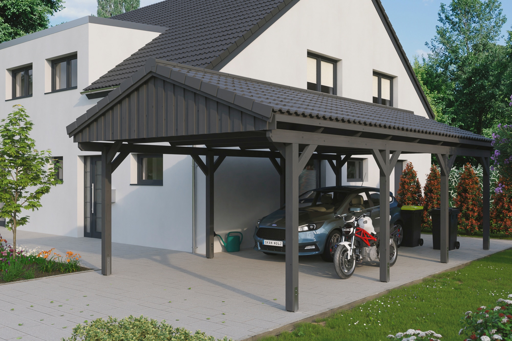 Skanholz Einzelcarport "Fichtelberg" Leimholz dunkelgrau mit Dachlattung