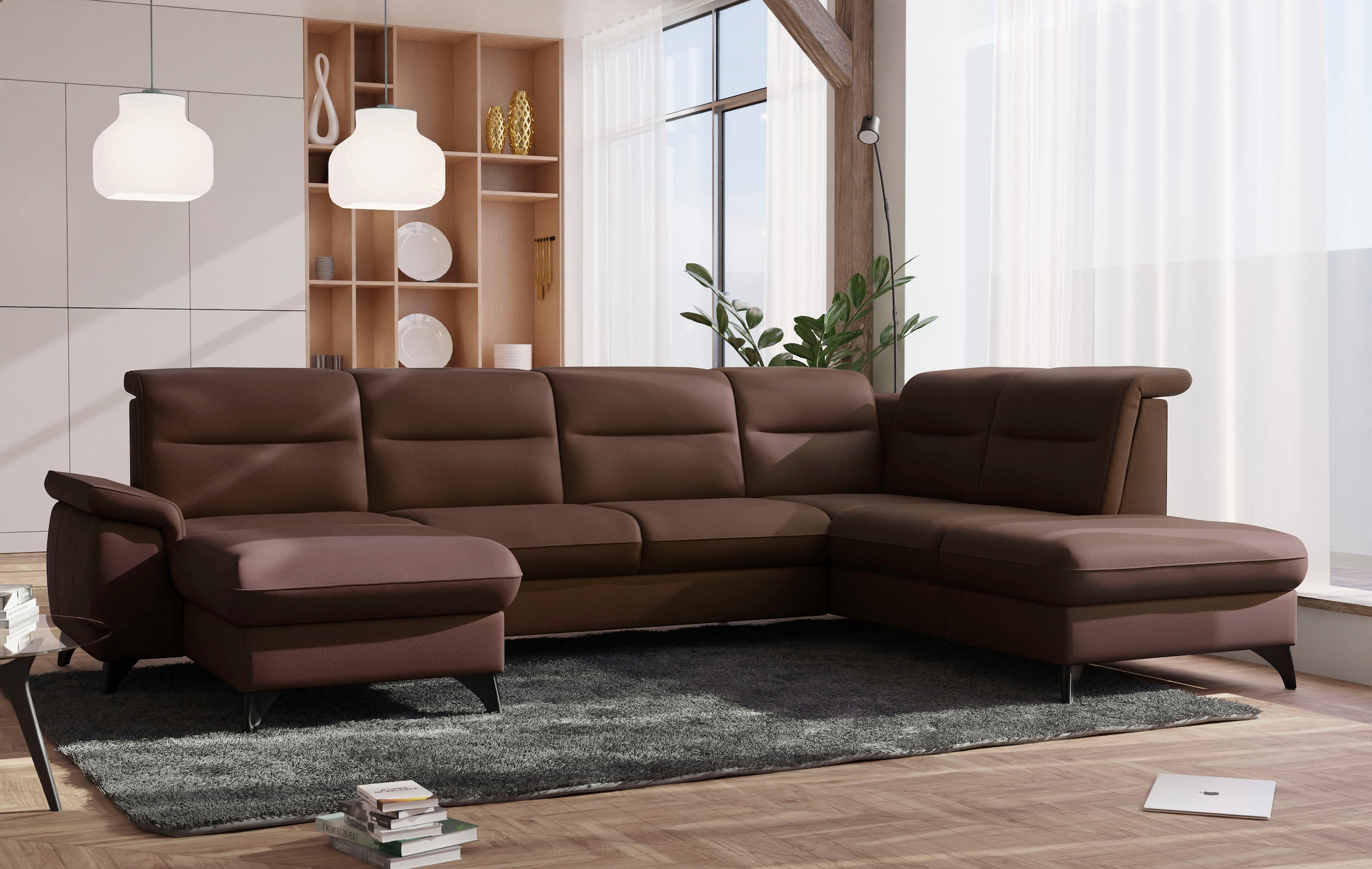 Wohnlandschaft SIT & MORE "Astoria U-Form", braun (dunkelbraun), B:329cm H:91cm T:225cm, 100% Polyester, Sofas, Wohnlandschaft, wahlweise mit motorischer Relaxfunktion 10