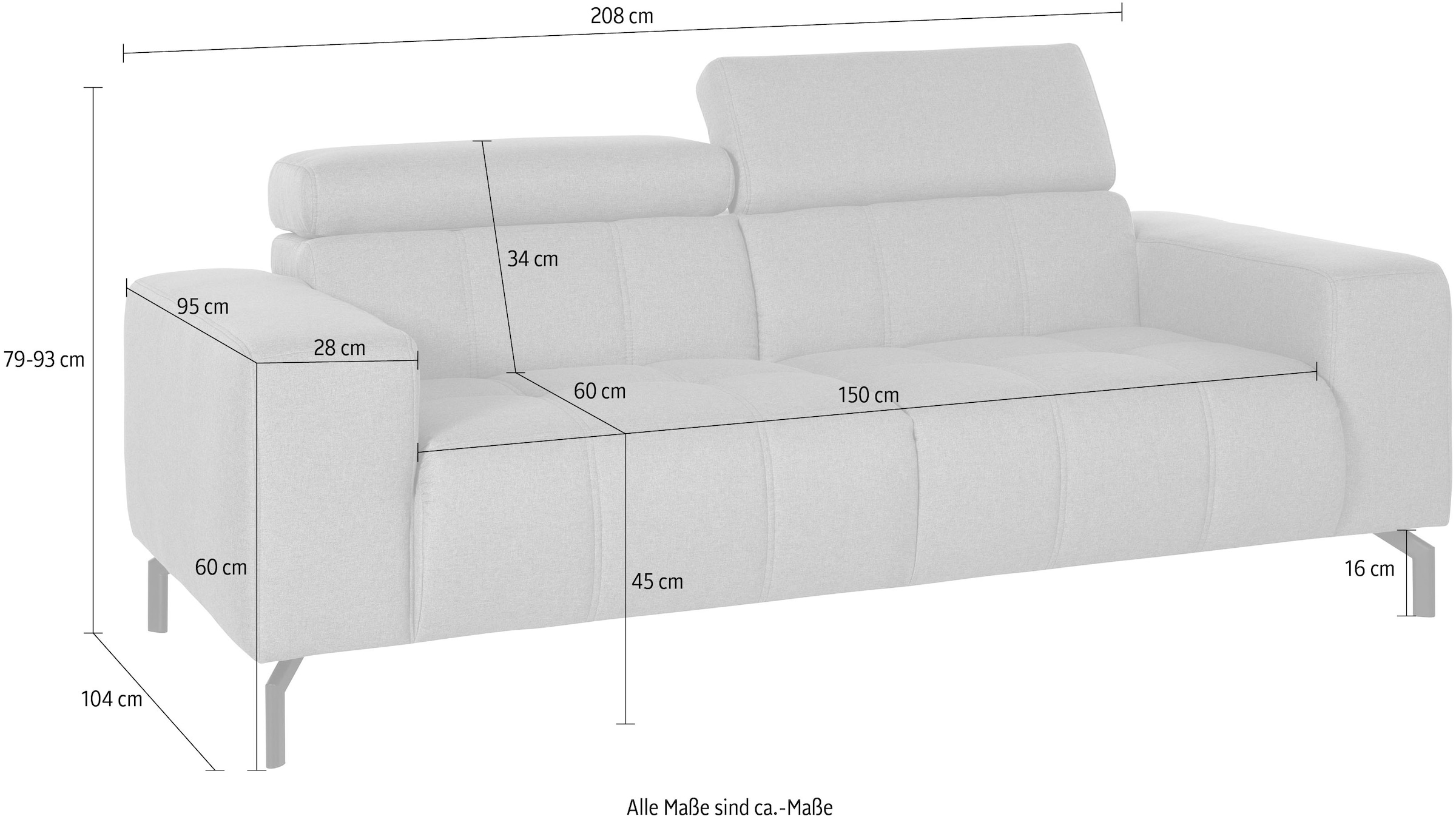 DOMO collection 2-Sitzer »Cunelli zeitlos und elegant, moderne Sitznähte als Designelement,«, wahlweise mit 6-fach verstellbaren Kopfteilen, fester Sitzkomfort