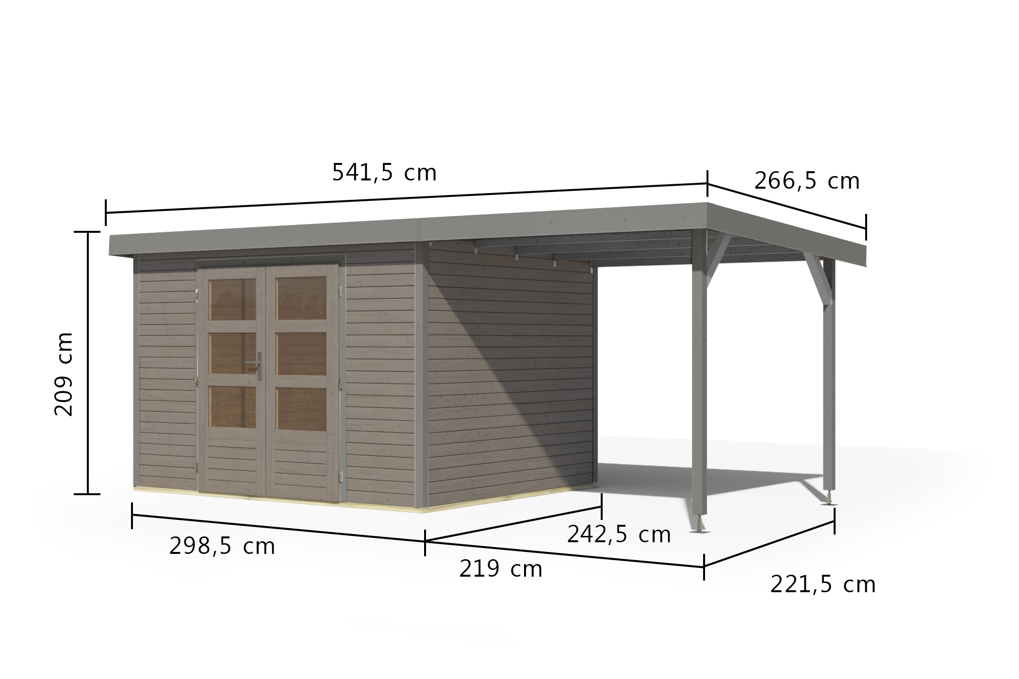 Karibu Gartenhaus »"Jupiter 5 D" SET wassergrau, mit Anbaudach 2,35 m breit«, hochwertige Materialien: nordische Fichte, Stahlecken, Trapezblechdach
