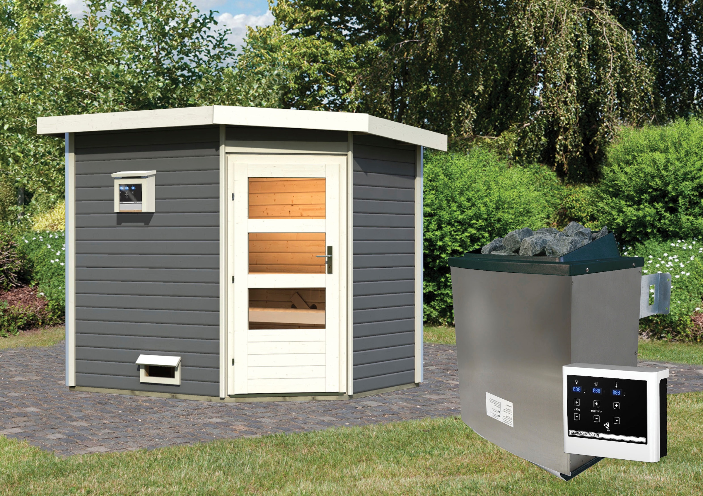 Karibu Saunahaus »Tore«, moderne Tür, Ofen 9 kW ext. Strg.