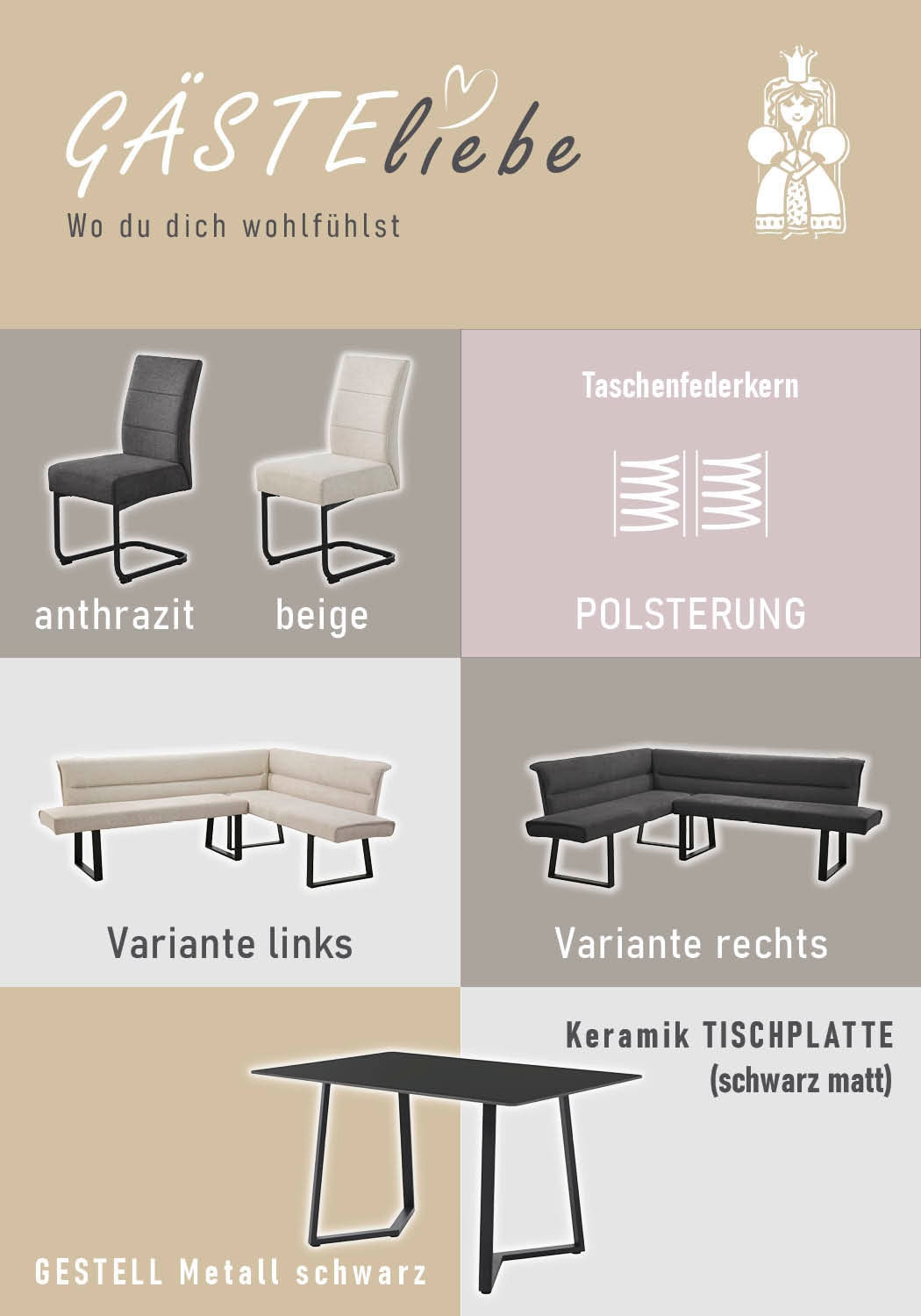 OTTO home Eckbankgruppe »Tisch, Bank und 2 Stühle, Taschenfederkern« Set, 4 tlg. Tisch (140x90cm) schwarz, Bank und Stühle anthrazit oder beige