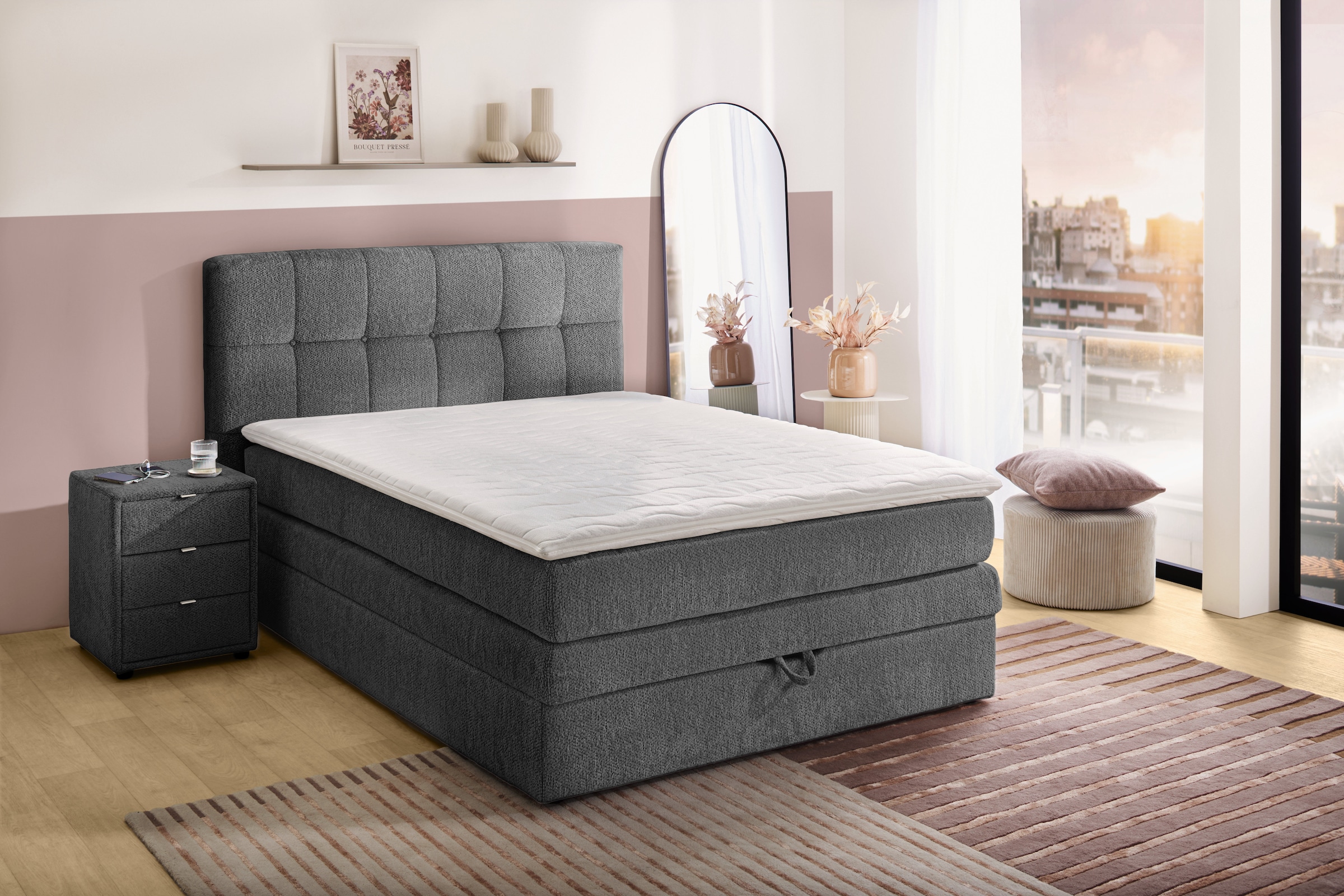 Jockenhöfer Gruppe Boxspringbett "AMY mit Bettkasten, inkl. Bonnell- oder Taschenfederkernmatratze H2-H4" mit 6 cm Kaltschaum-Topper, Chenille-Bezug, 120x200 und 140x200 cm