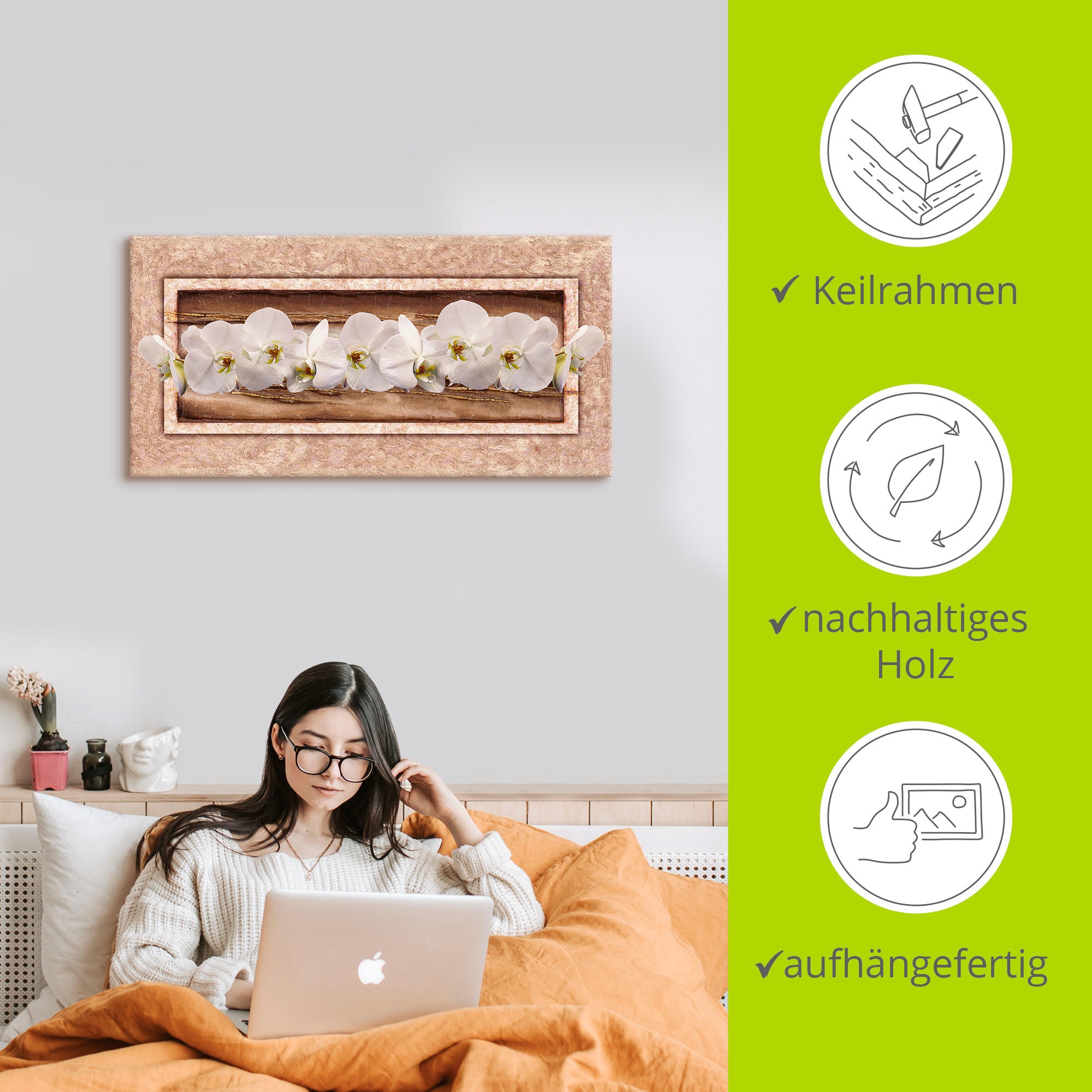 Artland Leinwandbild »Weiße Orchideen braun gold«, Blumen, (1 St.), auf Keilrahmen gespannt