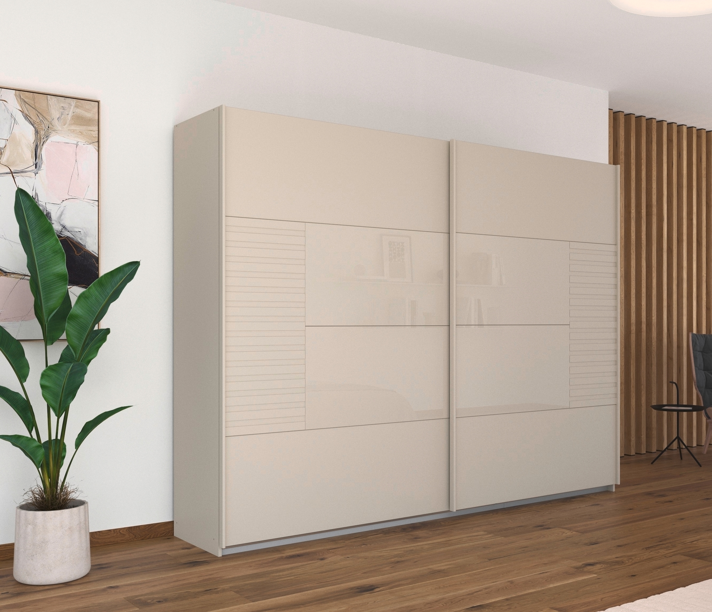 rauch Schwebetürenschrank »Kleiderschrank Schrank Garderobe Schlafzimmerschrank RUGA«, Auflagen in moderner Lamellen-Optik, mit Glasauflagen MADE IN GERMANY