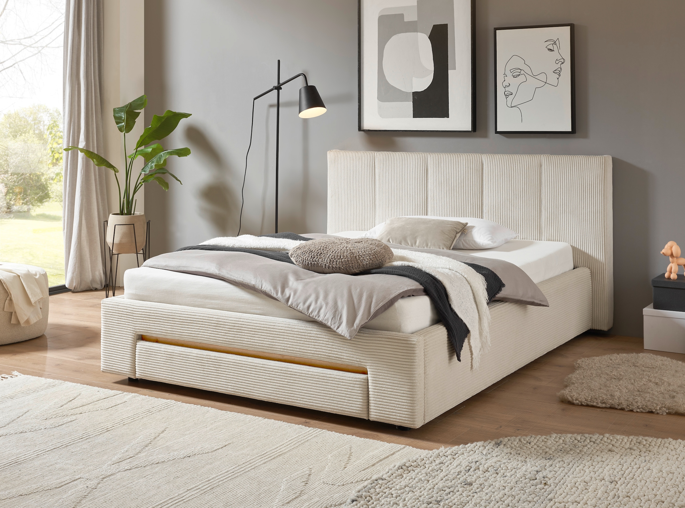 INOSIGN Polsterbett »CiTY/GiRON, Bettgestell mit Bettkasten, gepolstertes Stauraumbett«, mit Hundebett oder Stauraumschublade, Bezug Cord-oder Leinenoptik