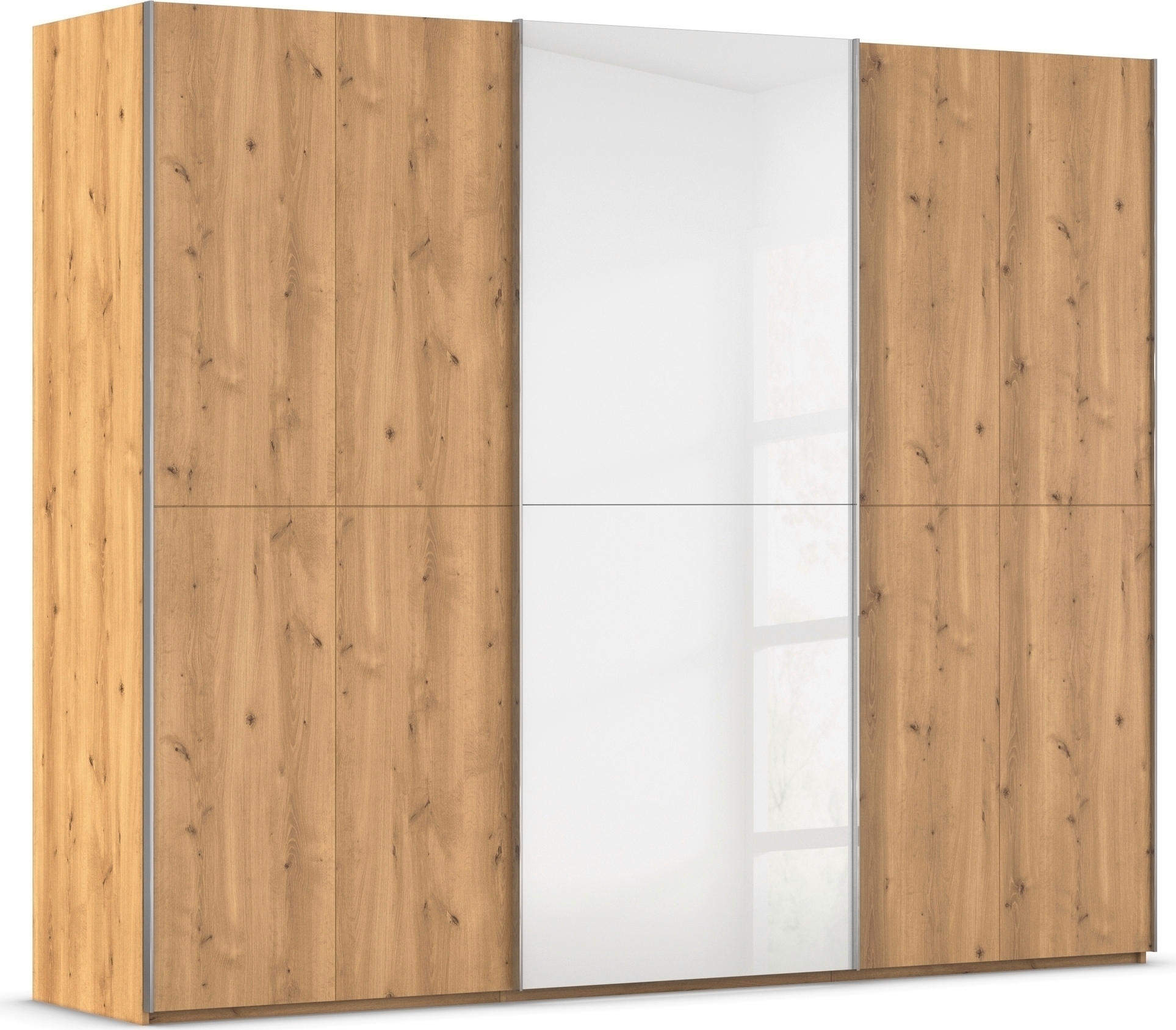 rauch Schwebetürenschrank "Kleiderschrank Schrank Garderobe Schlafzimmerschrank SCALE-WOOD" edle geteilte Front in massiver Asteiche mit Glastüren MADE IN GERMANY