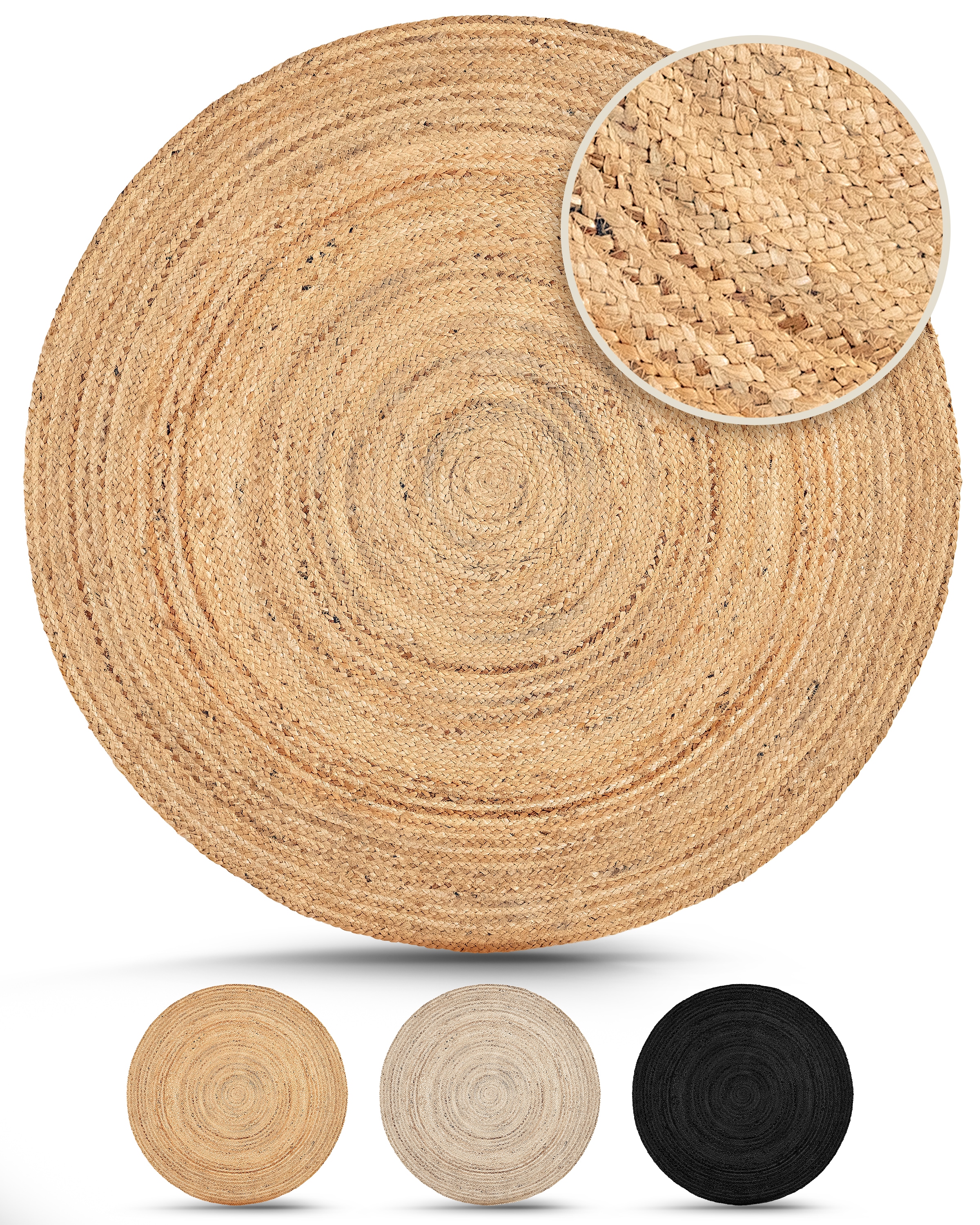 carpetfine Teppich "Nele Juteteppich Naturfaser" rund 6 mm Höhe geflochtener Wendeteppich aus 100% Jute, quadratisch und als Läufer