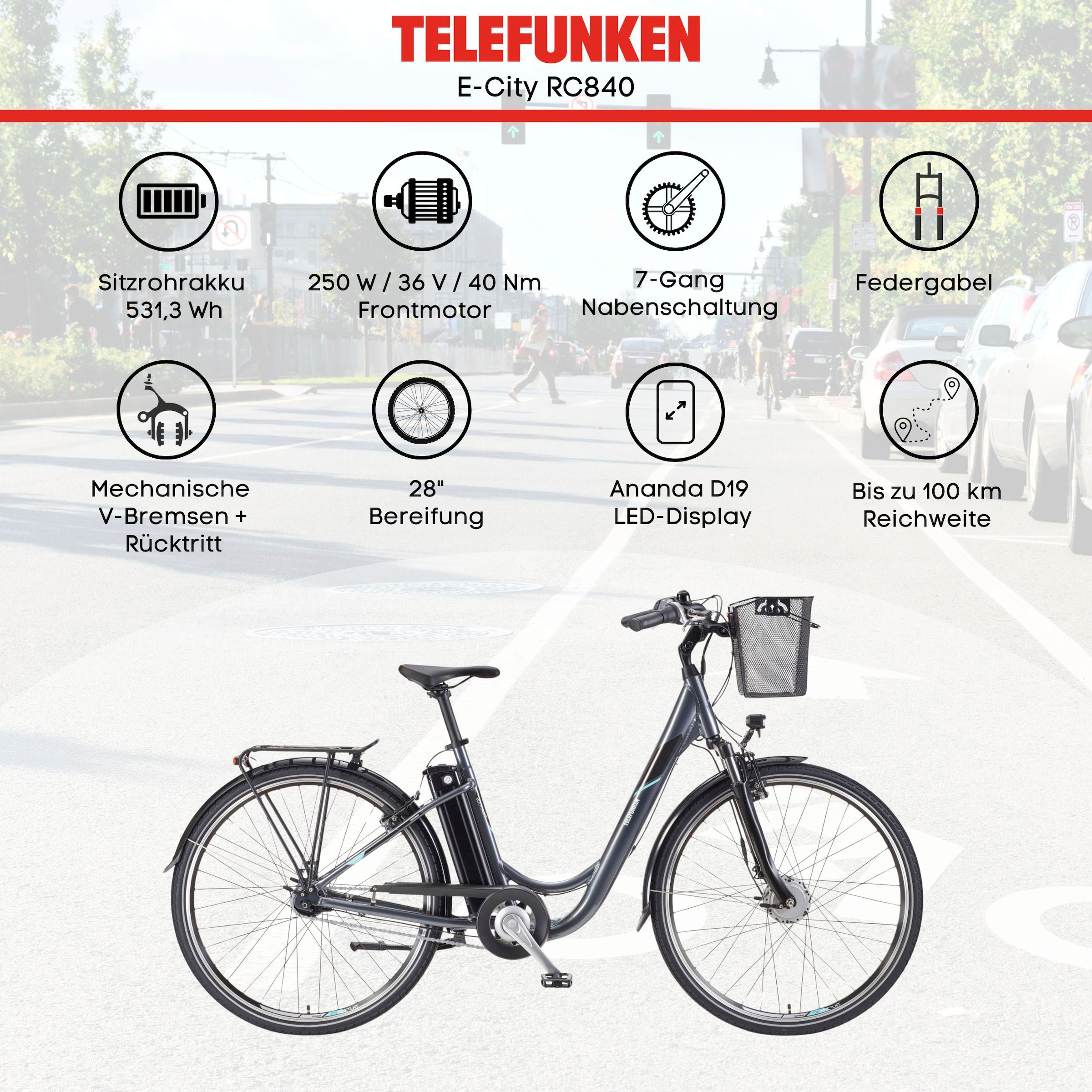 Telefunken E-Bike »Multitalent RC840«, 7 Gang, Shimano, Nexus, Frontmotor 250 W, Pedelec, Elektrofahrrad für Damen u. Herren