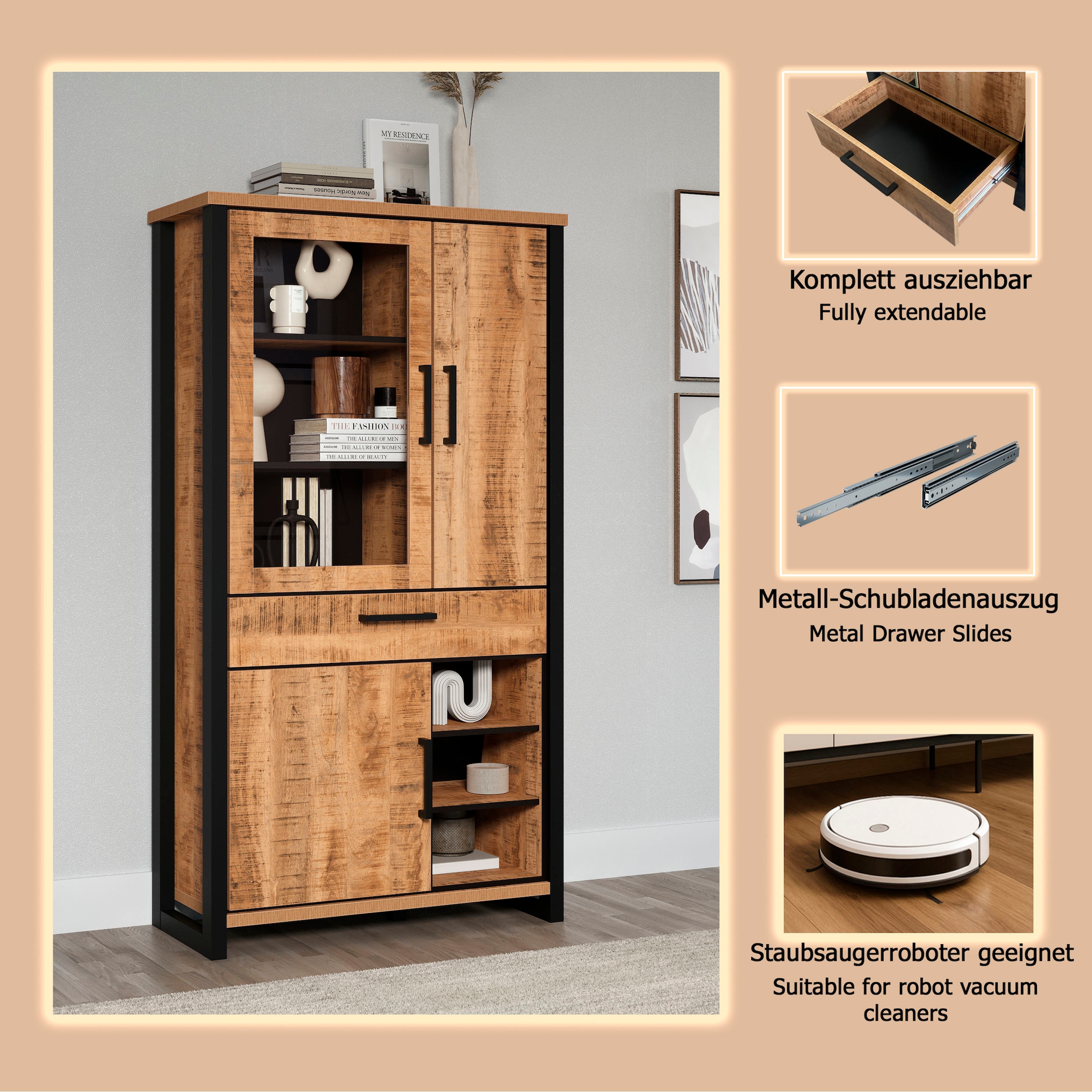 Home affaire Vitrine »Elda« 1 Stk. tlg. Vitrine mit 3 Türen & 1 Vollauszug Schublade - (B/T/H) 106/45/195 cm