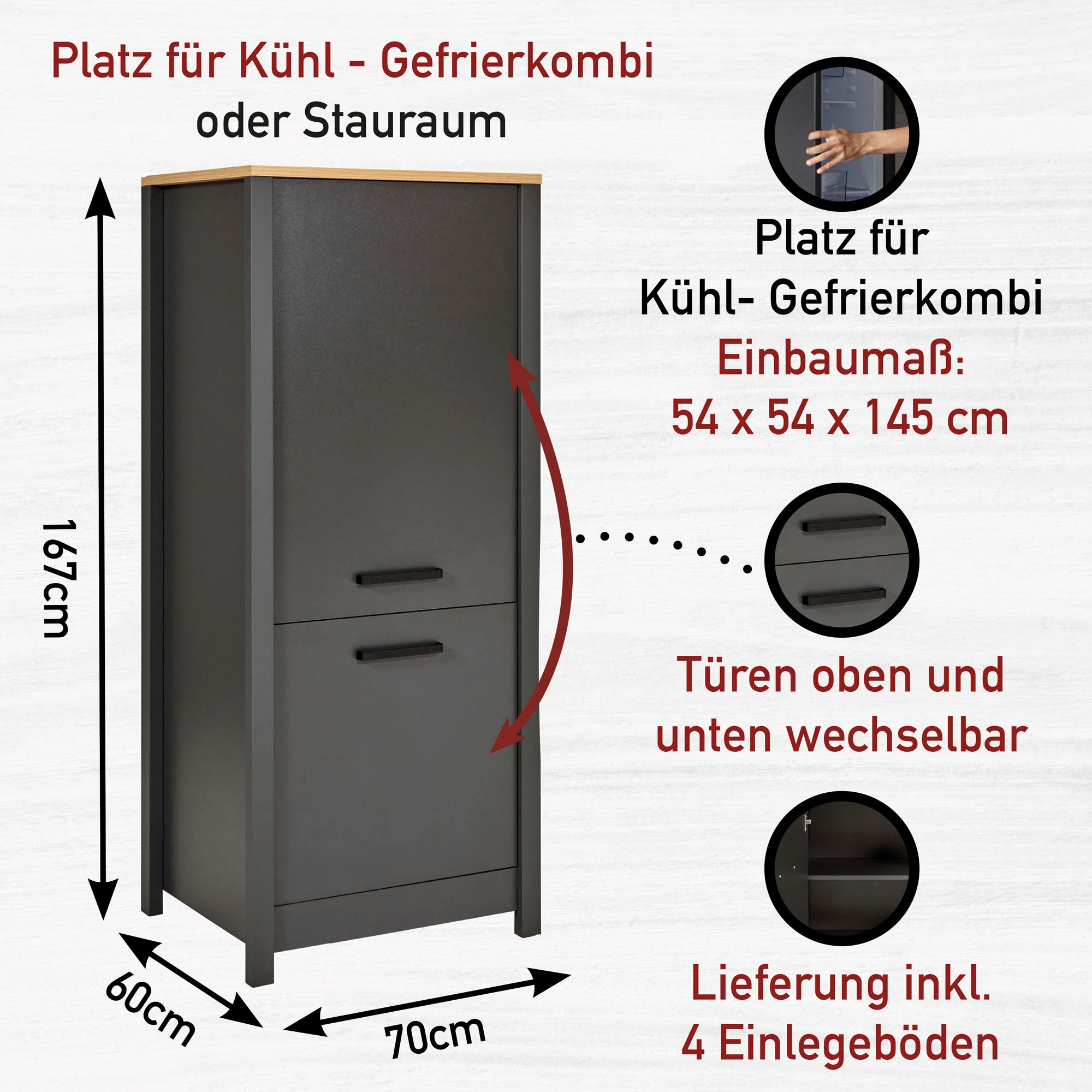Inter Link Kühlumbauschrank »Veneto« 1 Stk. tlg. Für Kühl-Gefrier-Kombi, Soft-Close, Füße höhenverstellbar, 70x60x167