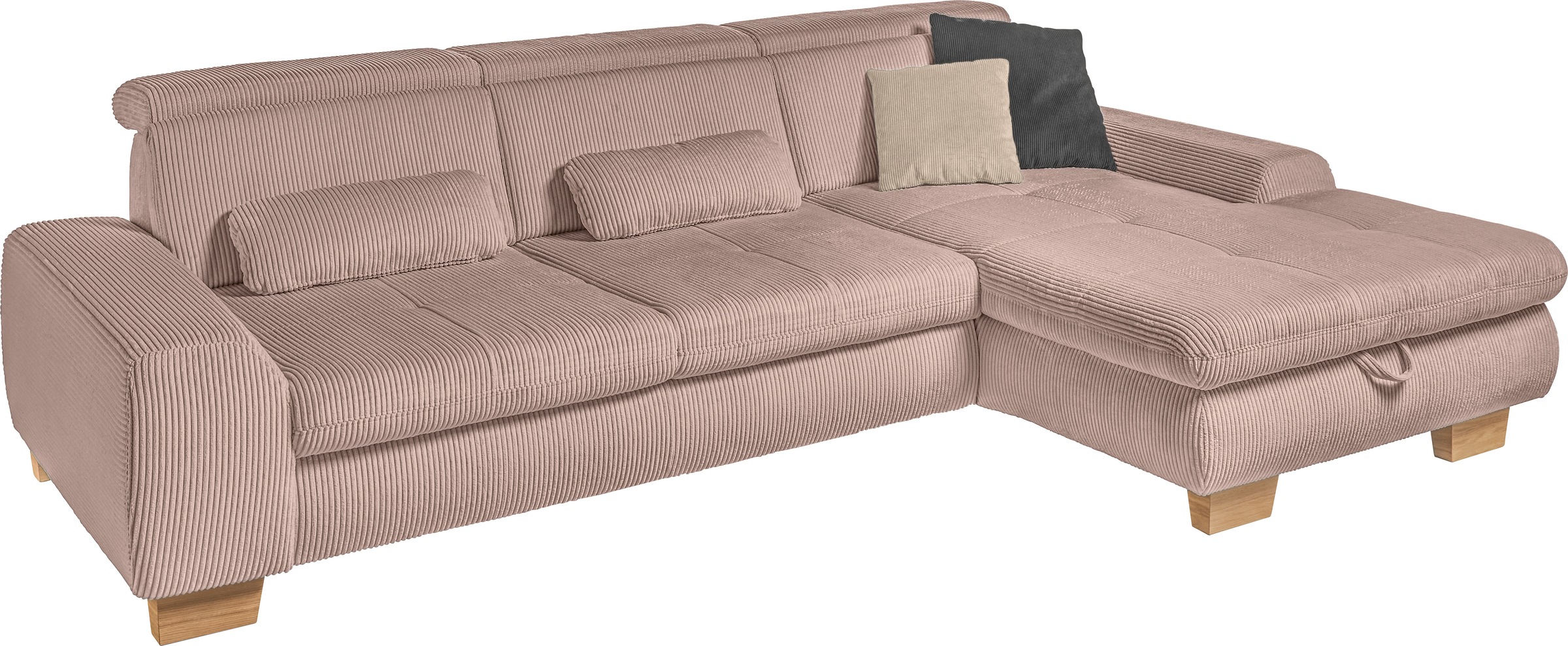 set one by Musterring Ecksofa »SO 3400 Sitzhöhe 47cm oder 49cm, Sitztiefe verstellbar, B/T: 307/195cm«, Kopteil verstellbar, mit Bettfunktion, in Cord, rose, Sitzhöhe 47