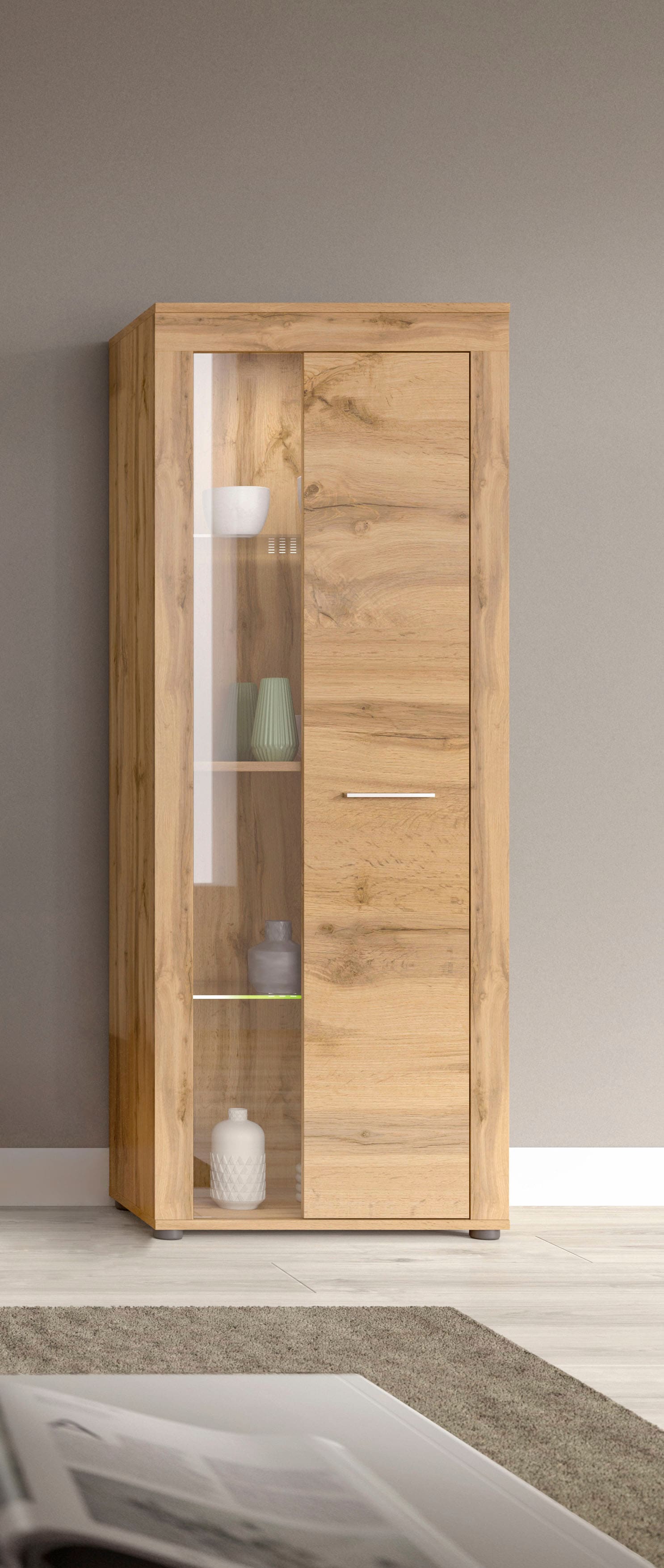 OTTO home Vitrine "AOSTA, Höhe 159 cm, 1 Tür (li/re), 2 Glasböden, 4 Fächer" in verschiedenen Farbausführungen, individuell kombinierbar, Standvitrine, Glasvitrine, Showcase, Vitrinenschrank, Wohnzimmer