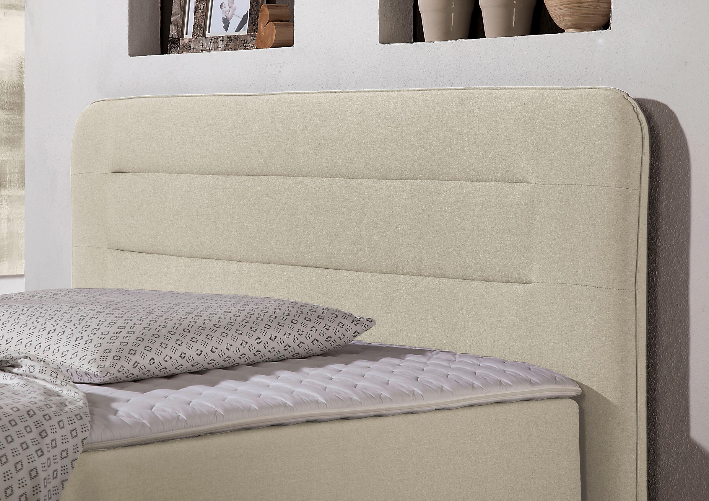 Boxspringbett HOME AFFAIRE "Manchester", beige (creme), B:120cm L:208cm, Strukturstoff-Bezug (100% Polyester), Komplettbetten, Boxspringbett, 5 Breiten, 3 Ausführungen, 2 Härtegraden, Topper, Steppung 3