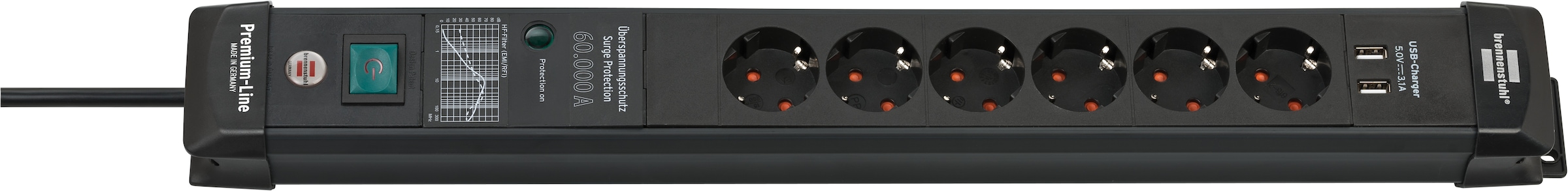 Brennenstuhl Steckdosenleiste »Premium-Line«, 6-fach, (Kabellänge 3 m), mit Überspannungsschutz bis zu 60.000A, Schalter und 2-fach USB 3,1 A