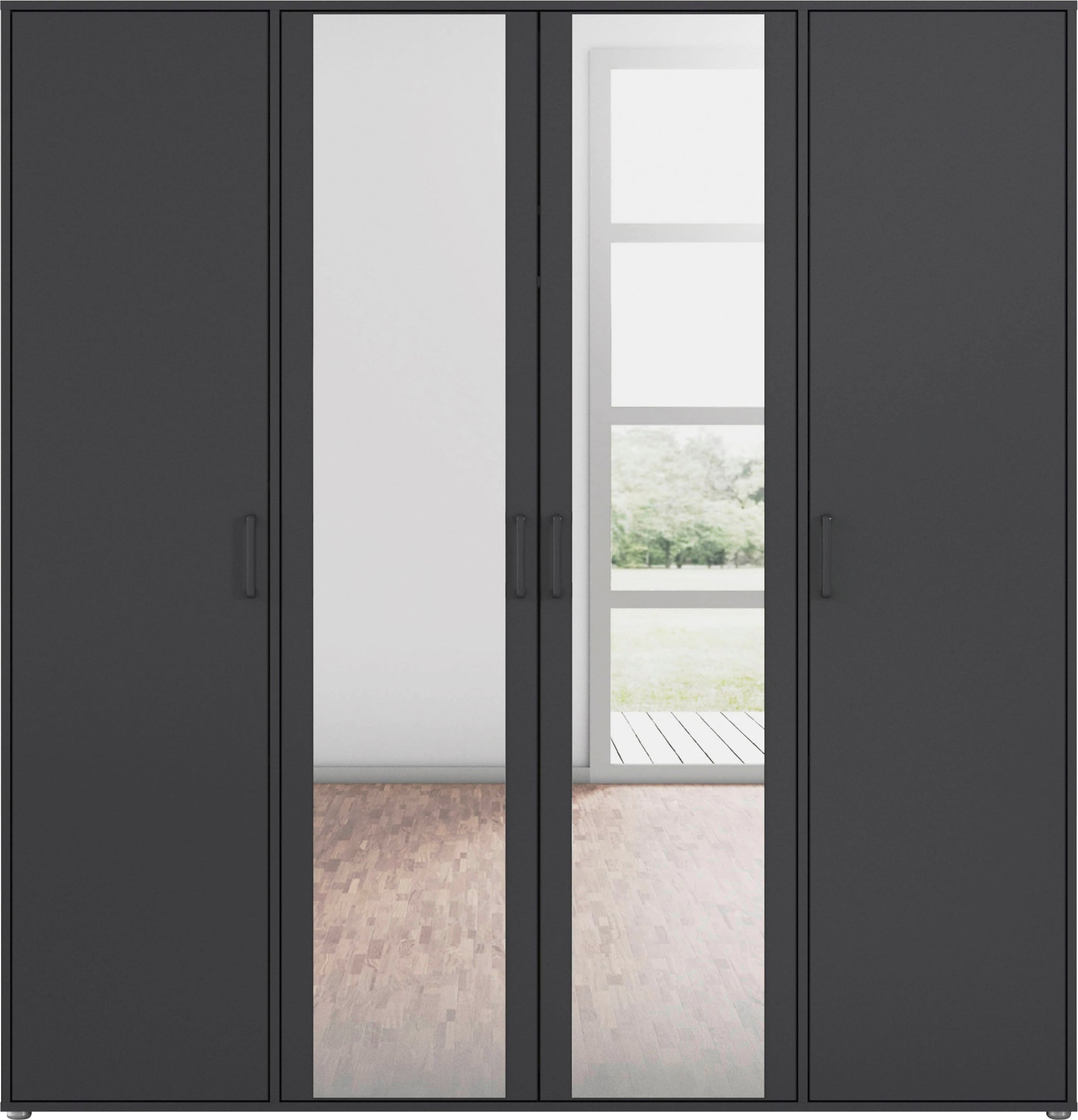 rauch Drehtürenschrank »Kleiderschrank Schrank Garderobe Wäscheschrank VOYAGER«, (in 3 verschiedenen Ausstattungen BASIC/CLASSIC/PREMIUM), mit modernen Griffen in Graumetallic und Spiegel
