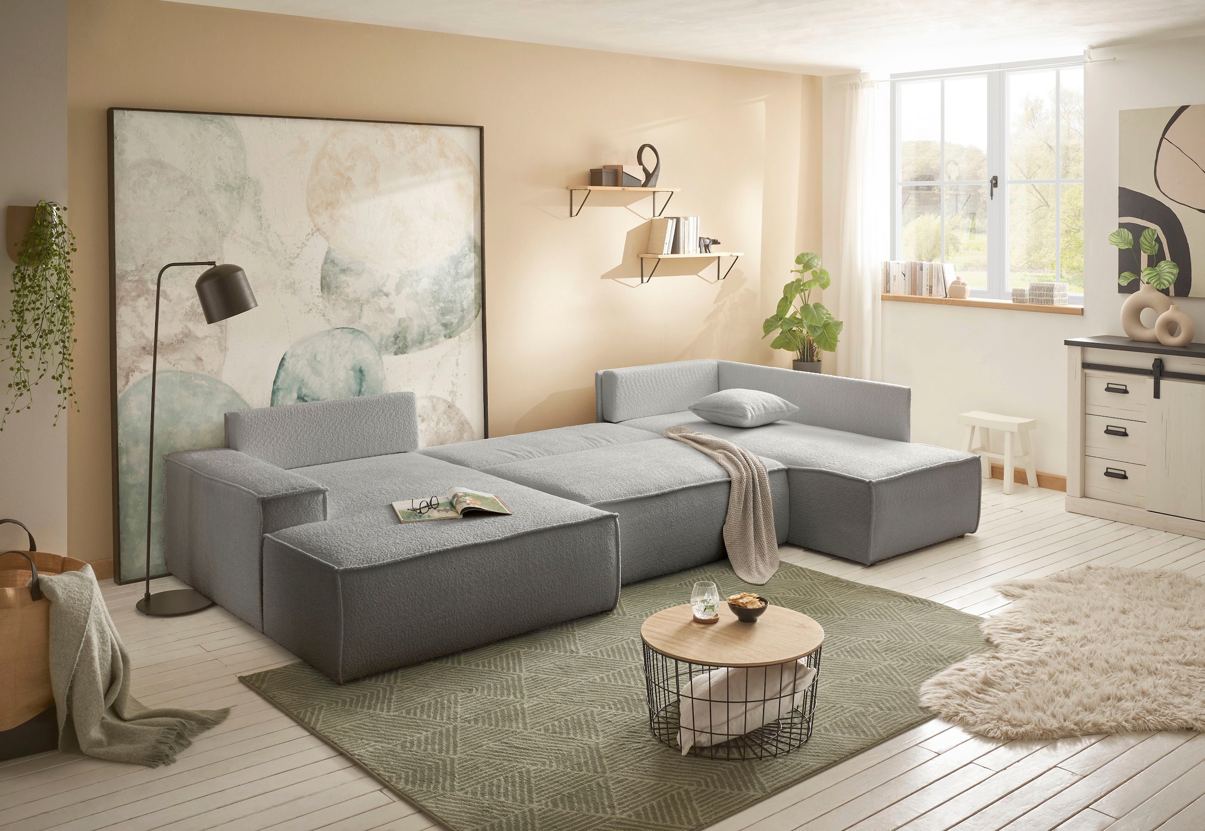 andas Wohnlandschaft »FINNLEY U-Form XXL 329 cm, Schlafsofa, Schlaffunktion m. Bettkasten«, (194/139 cm), Bouclé, Struktur und Cord