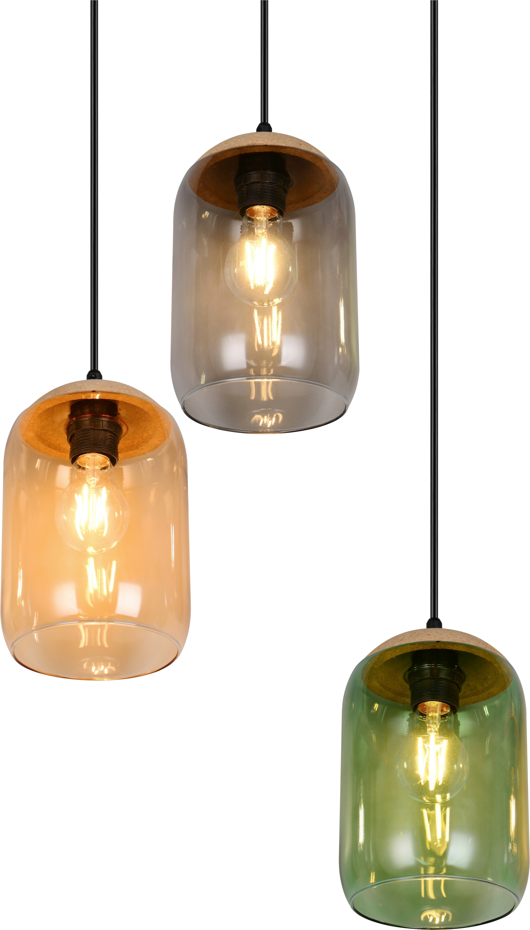TRIO Leuchten Pendelleuchte »CORK, mehrflammige Hängelampe mit bunten Glasschirmen exkl E27 max 10W« E27 1 Stk. warmweiß - kaltweiß aus min. 50% Recycling-Material (Glas), Höhe bis 150 cm