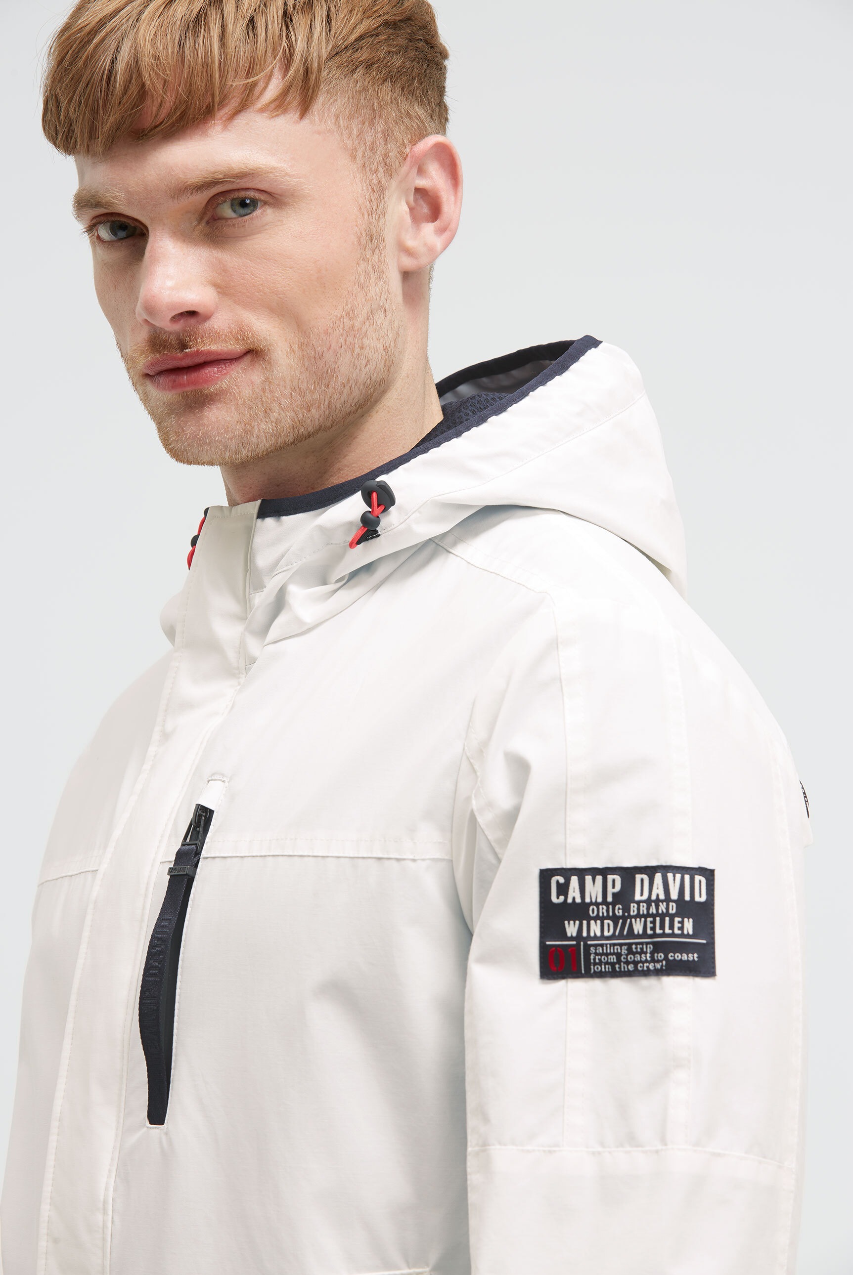 Outdoorjacke CAMP DAVID, Herren, Gr. S, weiß, Web, Material Oberstoff: 55% Baumwolle, 45% Polyamid, Futter Ärmel: 100% Polyamid, Futter Rumpf: 100% Polyester, unifarben, regular fit normal, eingesetzt Windstopperbündchen, Jacken Outdoorjacke, mit verstell 3
