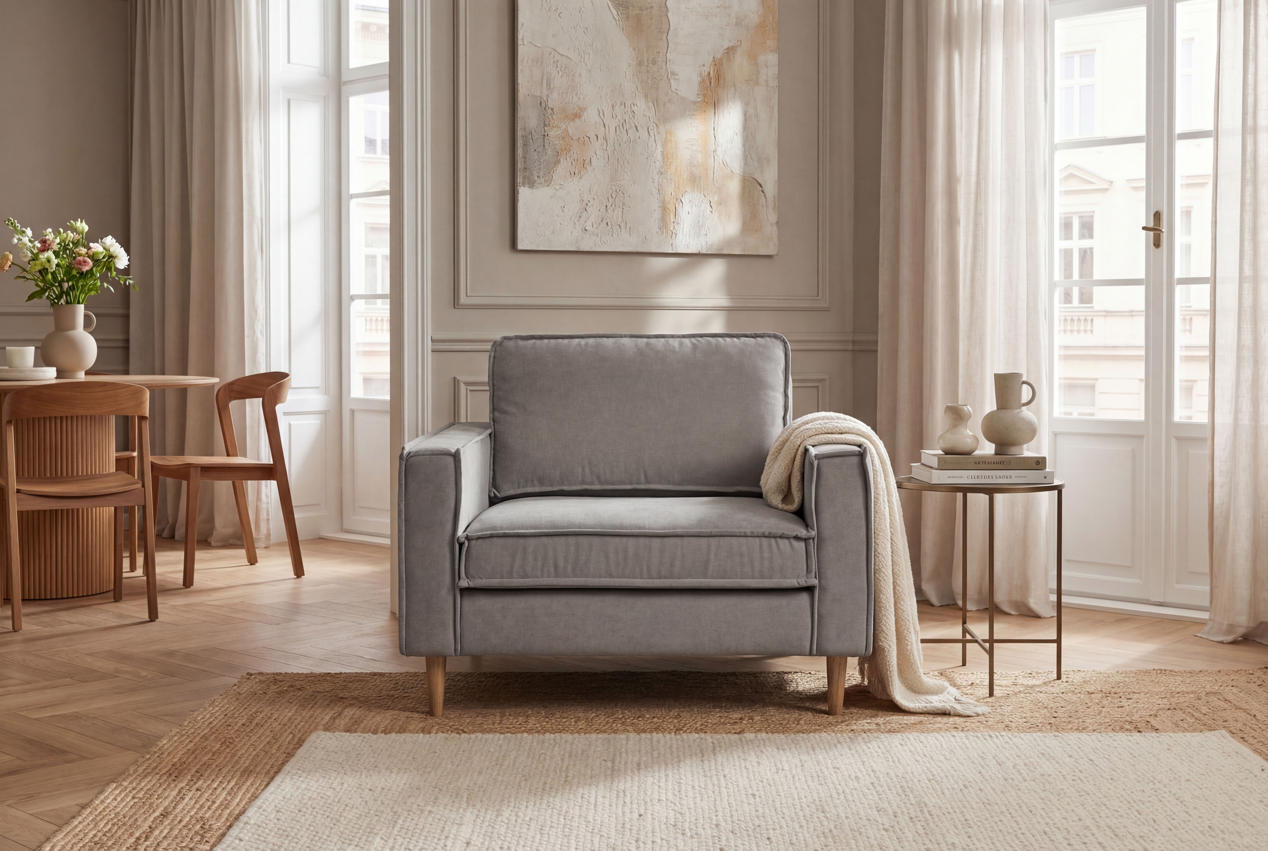 OTTO home Loveseat "Pinto Skandi 105 cm, Chenille, Struktur" mit Keder, Massivholzfüße Eiche geräuchert