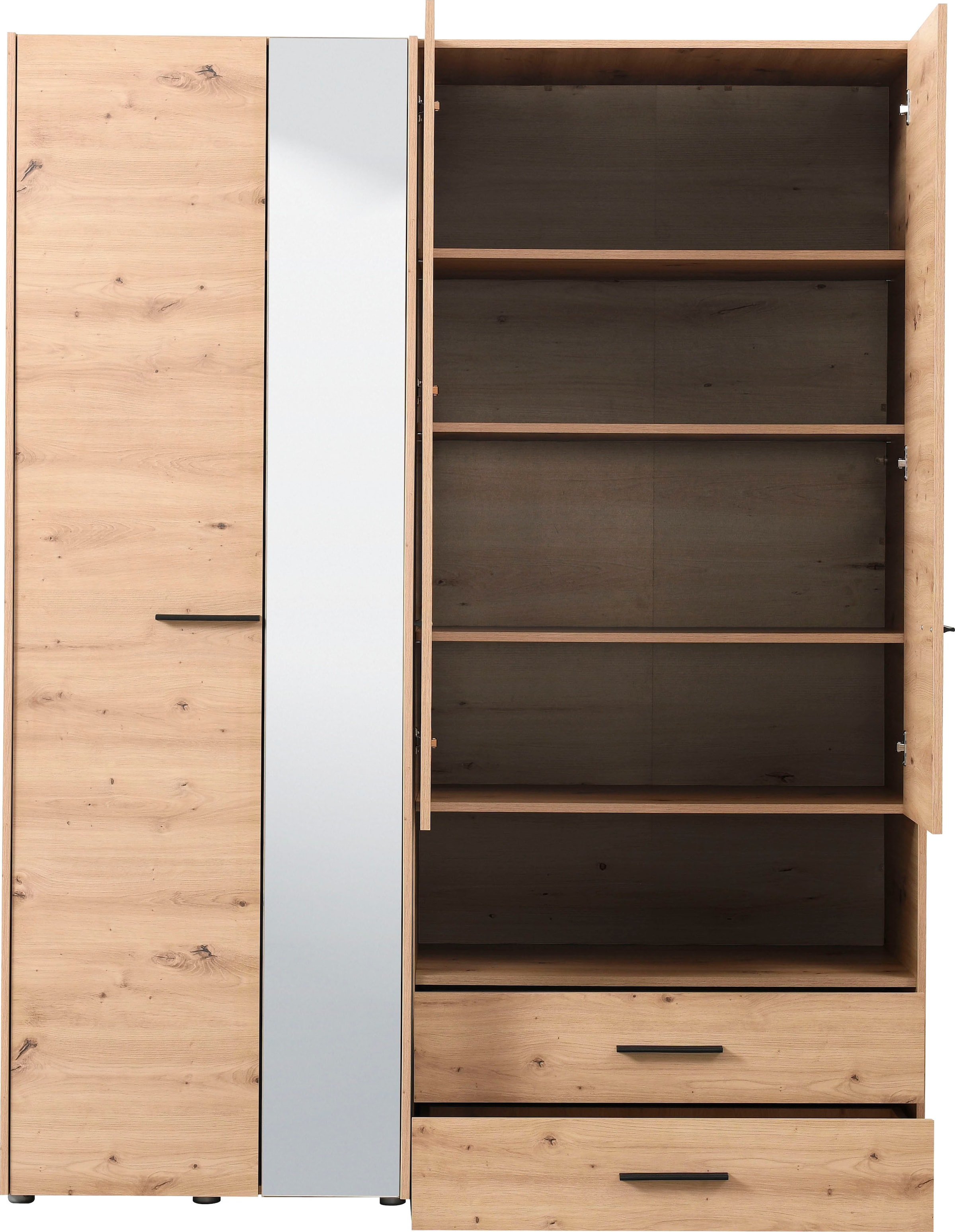 INOSIGN Kleiderschrank »Leon, FSC® -zertifiziertem Holzwerkstoff«, mit Spiegel, Innenausstattung und 2 Schubladen, 127,5x55x205,5cm
