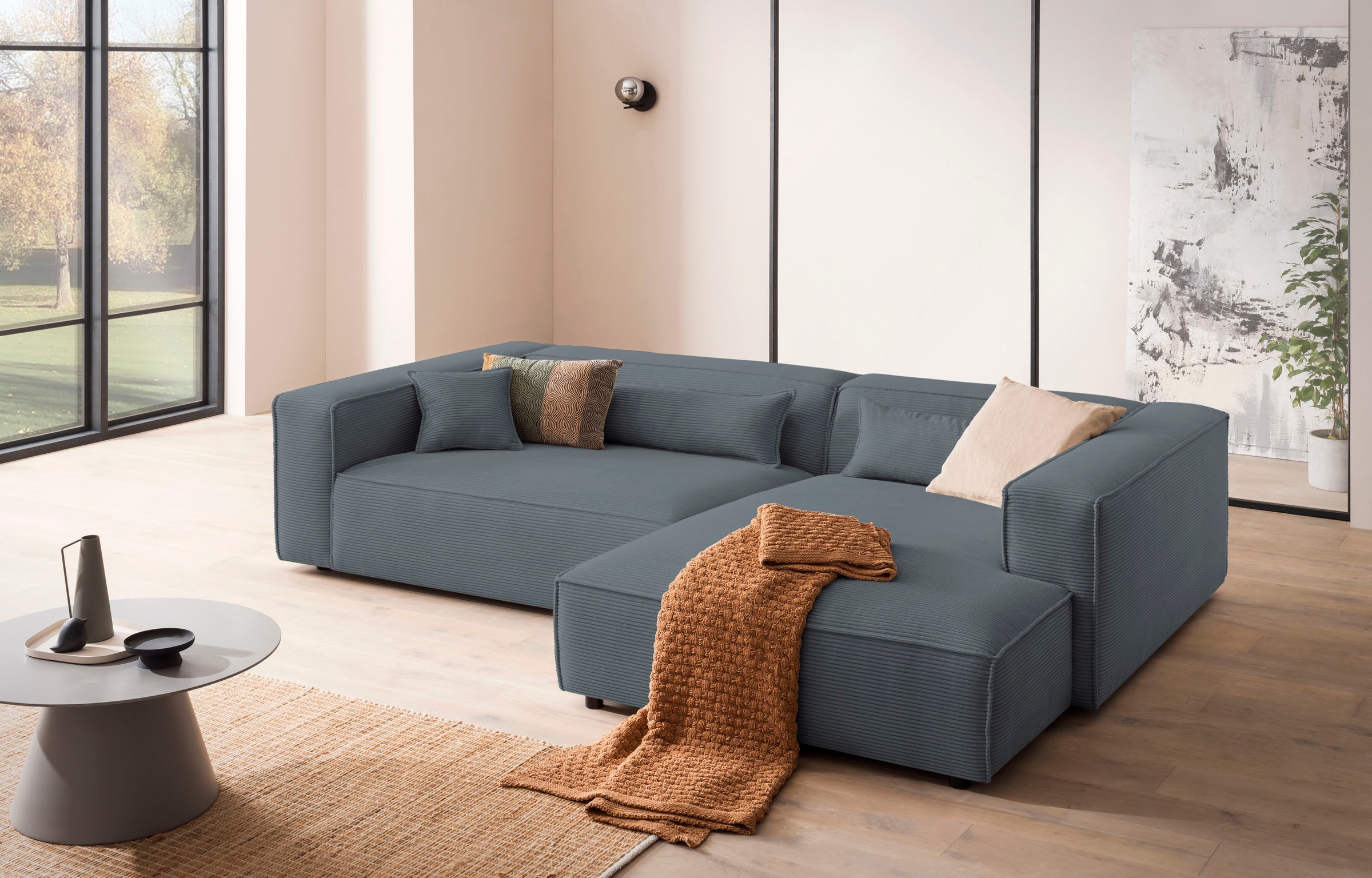 LeGer Home by Lena Gercke Ecksofa »PIARA XXL, Big-Sofa in Cord oder Leinenoptik, L-Form, mit Kedernaht«, wahlweise Ottomane rechts/links, schwarze Füße, extra tiefe Sitzfläche