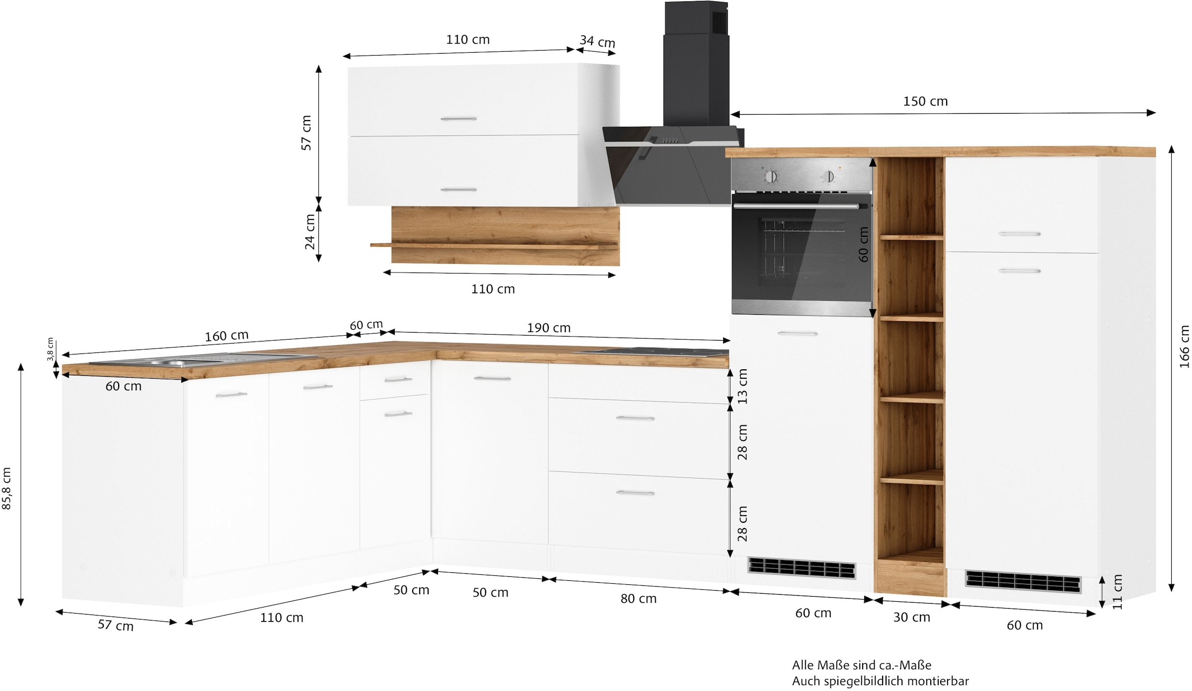 KOCHSTATION Winkelküche »KS-Milan«, Stellbreite 340/220 cm, viel Stauraum, wahlweise mit E-Geräten