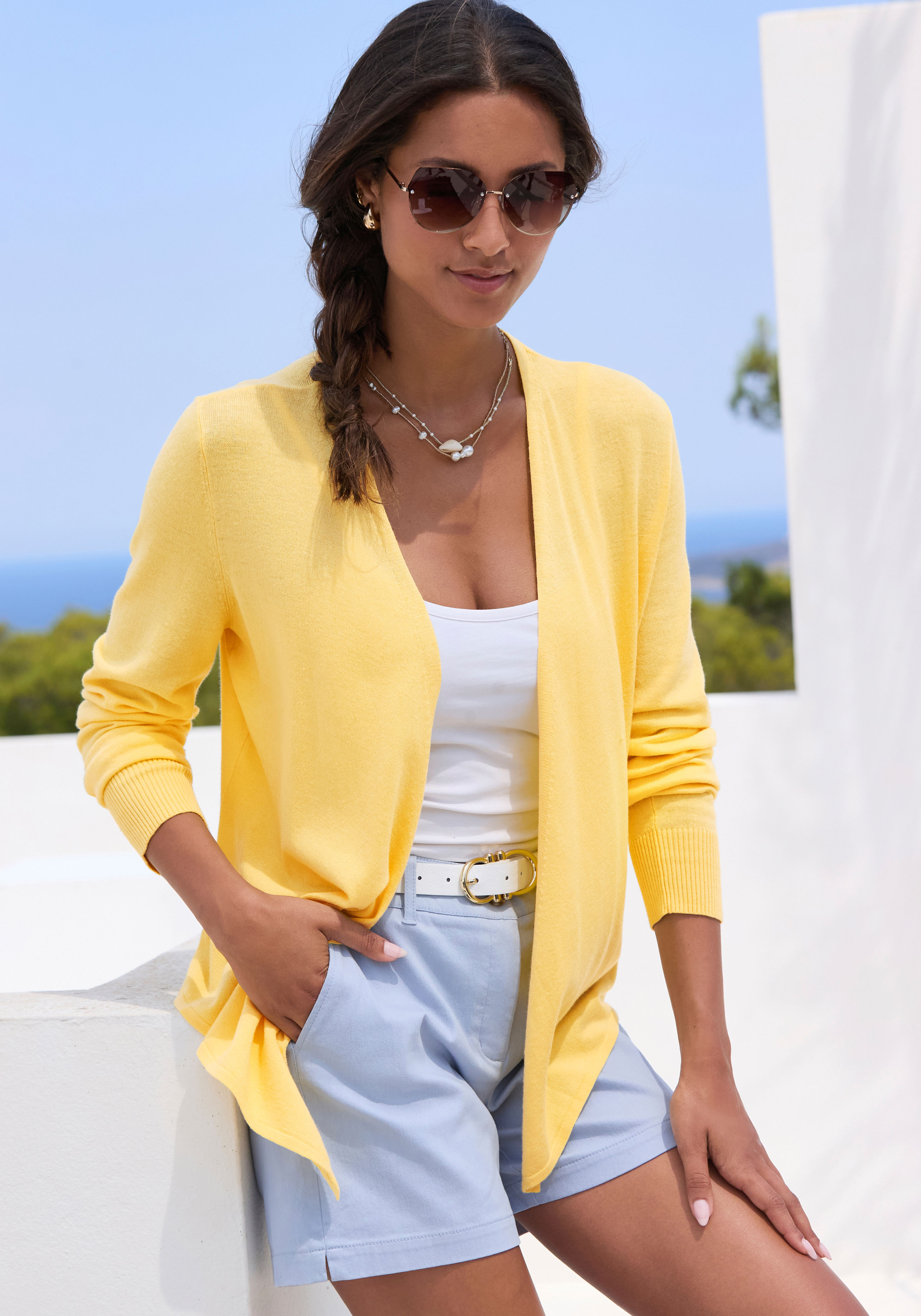LASCANA Strickjacke "mit Tragevarianten aus leichtem Feinstrick mit Leinen" Wickelstrickjacke, Cardigan mit langen Ärmeln