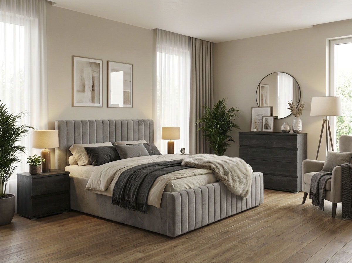 OTTO home Polsterbett "MOIVRE, vertikale Steppung in Rillenoptik, wahlweise mit Bettkasten" Stauraumbett, gepolstertes Kopfteil, ohne Matratze, modernes Design