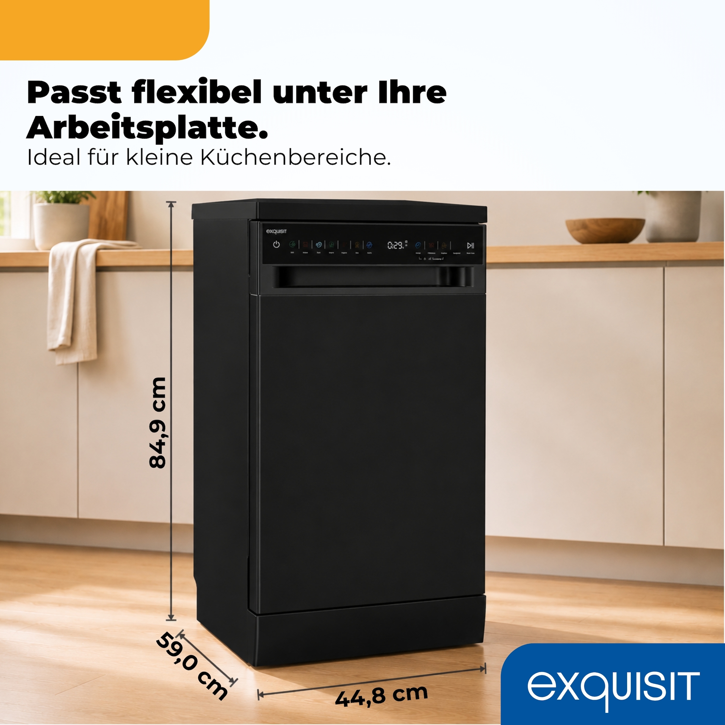 exquisit Standgeschirrspüler 9311 »GSP9311-450C schwarz« 9 l 10 tlg. Maßgedecke 10 Maßgedecke, LED, Besteckschublade, Auto Door Open, AquaStop