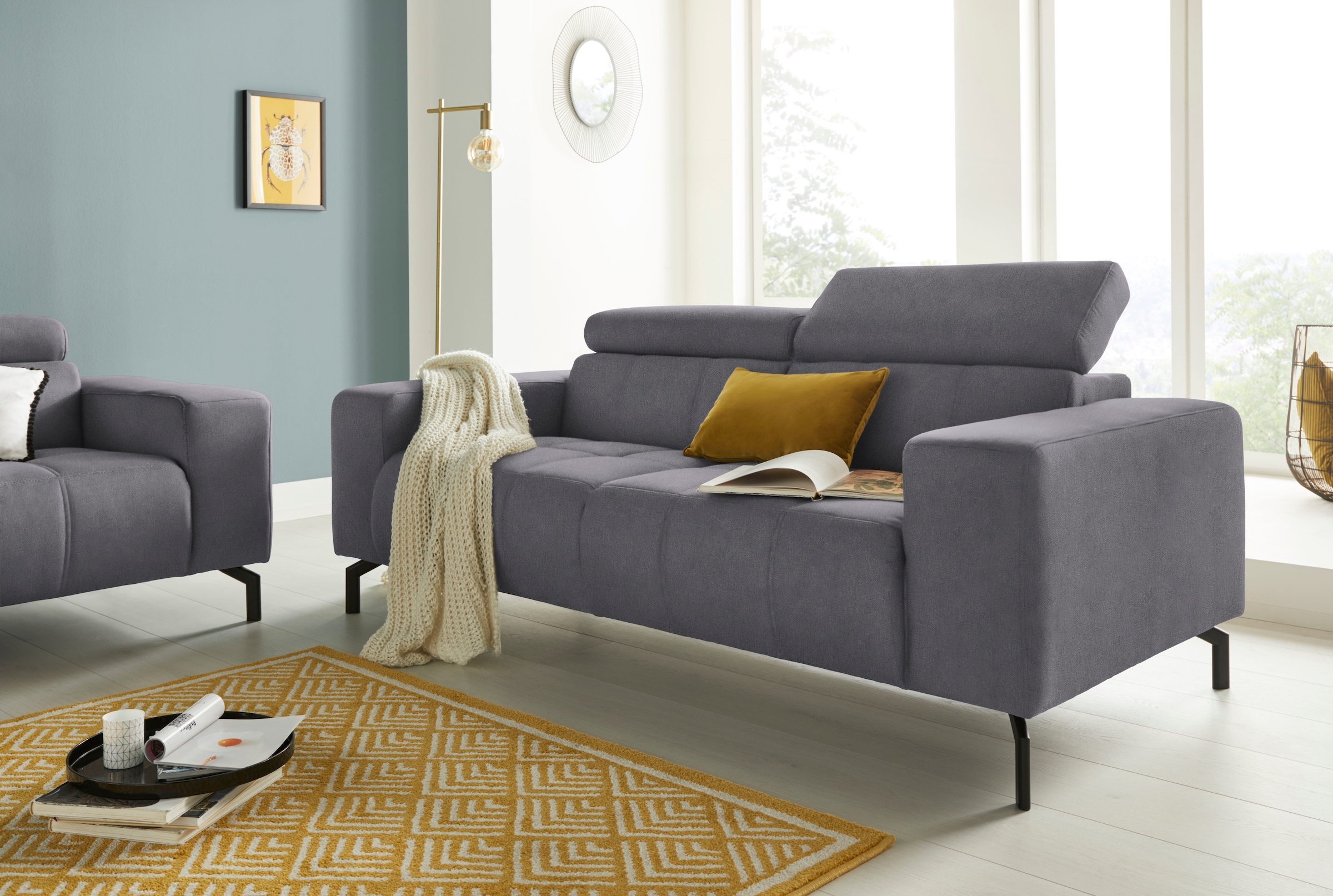 DOMO collection 2-Sitzer »Cunelli zeitlos und elegant, moderne Sitznähte als Designelement,«, wahlweise mit 6-fach verstellbaren Kopfteilen, fester Sitzkomfort