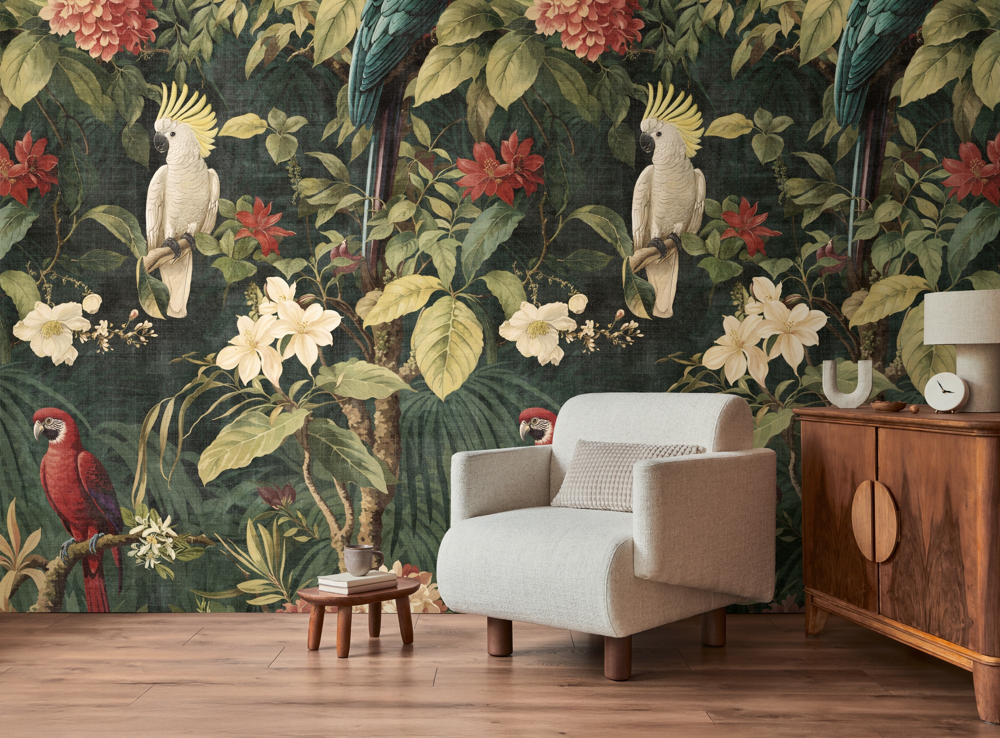 living walls Fototapete "The Wall 4 Flowers – Tropischer Dschungel mit Vögeln Vlies-Fototapete" botanisch floral matt leicht strukturiert Tropischer Dschungel mit Vögeln – atmosphärischer Tiefe