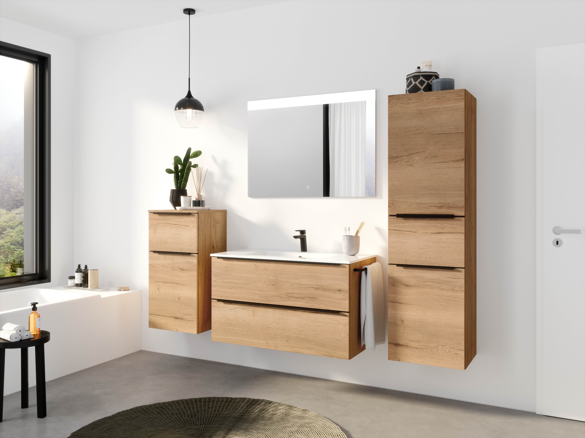 nobilia® Badmöbel-Set »Levere«, (4 St., vormontiert, mit Soft-Close), inkl. Spiegel mit Touch-Sensor, in vier Breiten