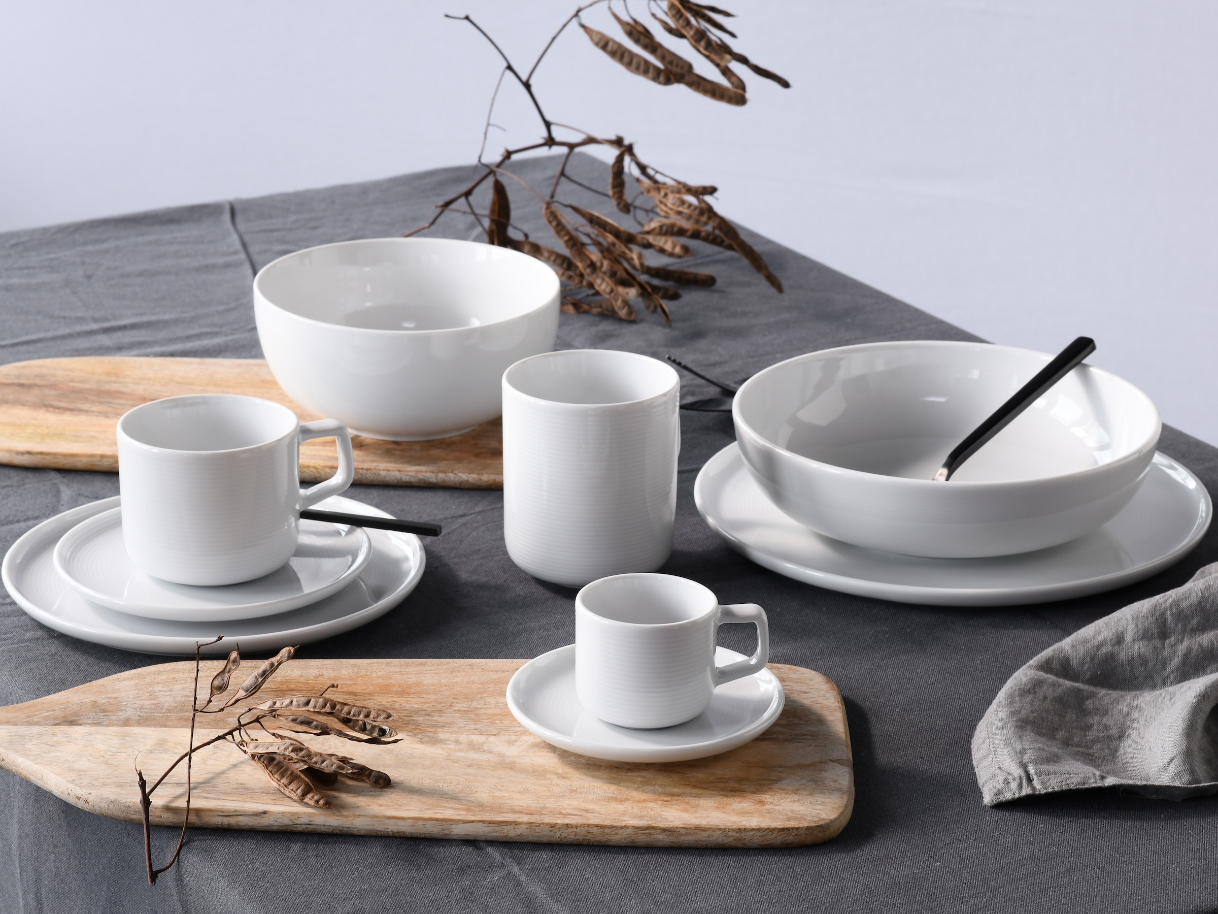 CreaTable Tafelservice »Session, Service, Teller-Set, 12-tlg.« Teller ohne Fahne mit großem Spiegel, Elegantes Rillenrelief