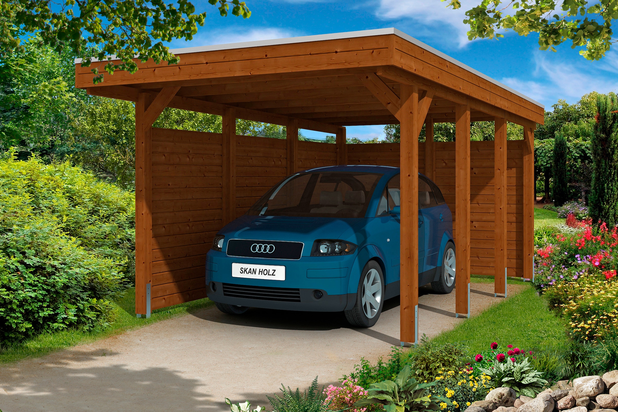 Skanholz Einzelcarport "Friesland 1" Massivholz 270 cm braun mit Seiten- und Rückwänden