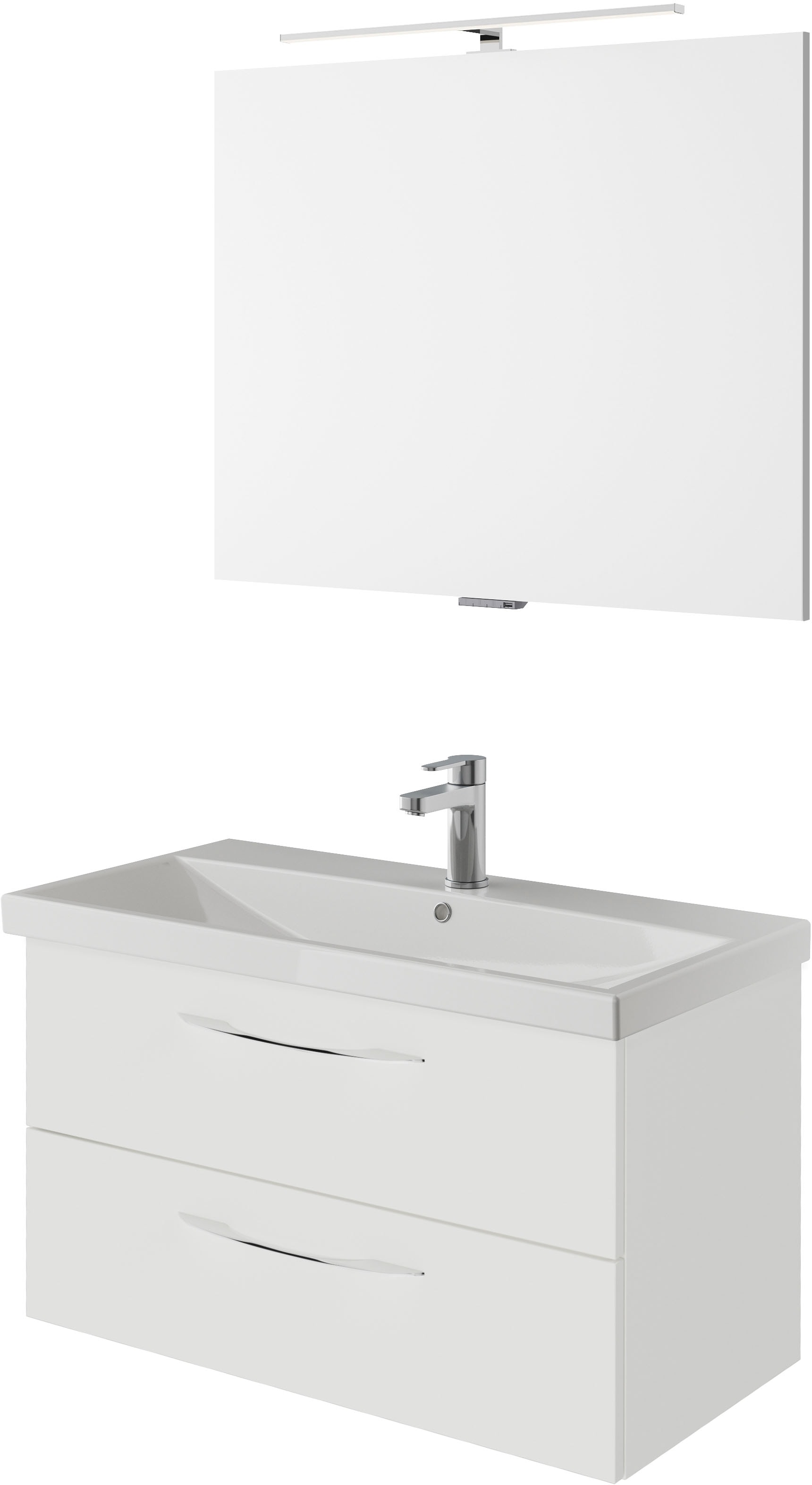 Badmöbel-Set SAPHIR, B:90cm H:200cm T:43,5cm, weiß, Spanplatte, Kastenmöbel-Sets, "Serie 4035 2-teilig, Keramikwaschtisch mit LED-Spiegel, 90 cm