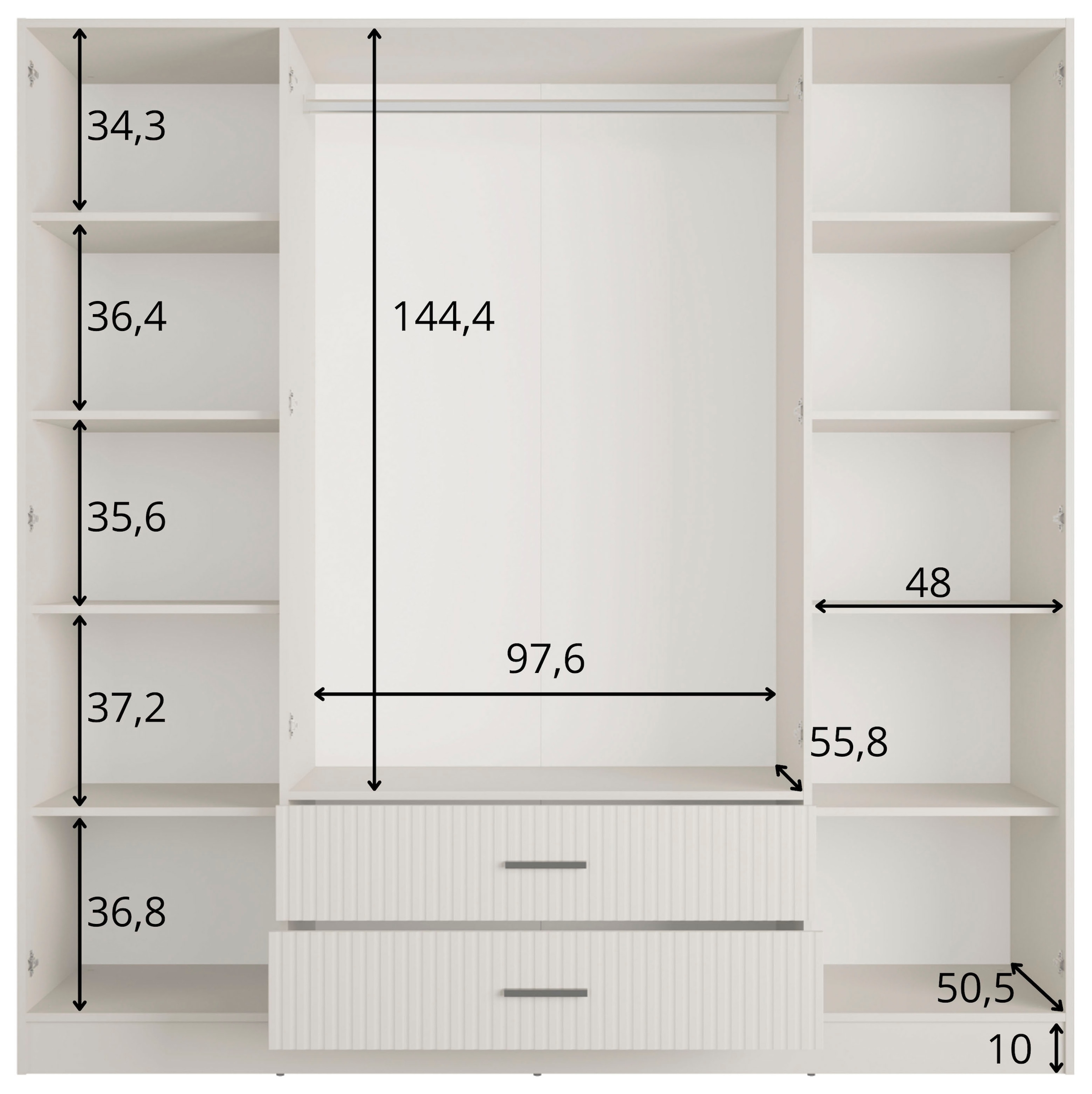 OTTO home Kleiderschrank »TERRIK,  modern mit viel Stauraum & geriffelter Struktur, Spiegel« B/H/T ca. 200/200/60,  Schrank mit 11 Fächern, Kleiderstange, 2 Schubladen, Made in EU