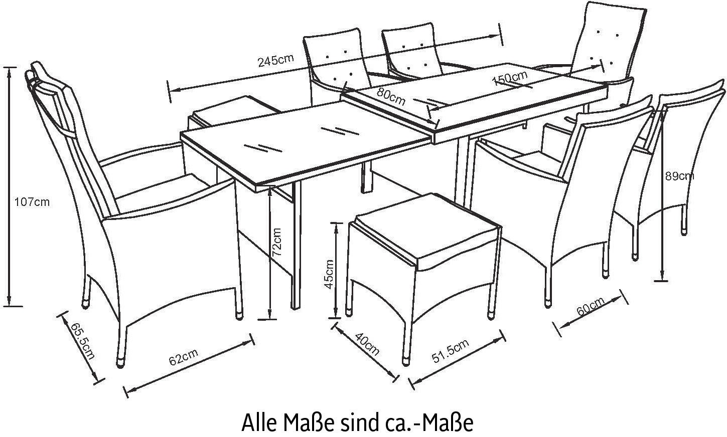 KONIFERA Garten-Essgruppe »Parla«, (Set, 21 tlg., 6xSessel, 1x AZ-Tisch 150-242,5cm,2x Hocker,inkl. Auflagen, Polyrattan), 2 der 6 Sessel sind verstellbar, Grau, Tischplatte aus Sicherheitsglas