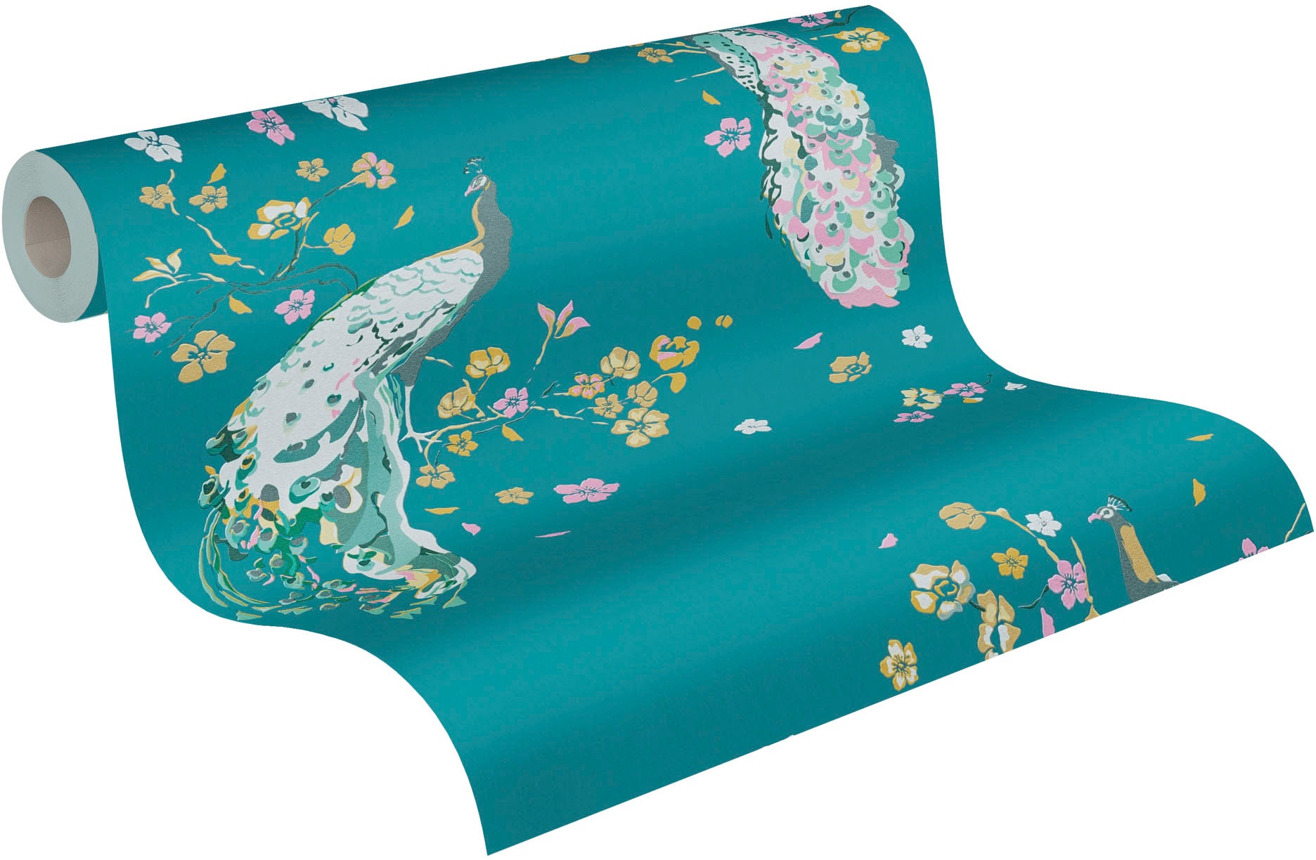 As Creation - Papier peint coloré nature sur fond bleu Tapisserie motif animal et floral Papier peint avec paons style asiatique idéal chambre
