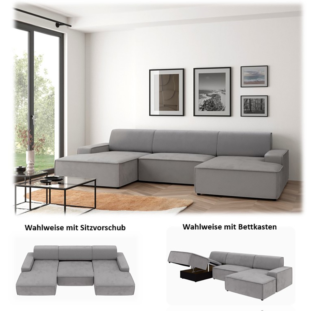 TRENDMANUFAKTUR Wohnlandschaft »Graz, wahlweise mit Sitzvorschub und Bettkasten, U-Form, Breite 329 cm«, in Cord-, haustierfreundlichem LEO Struktur- oder LUMOS-3D-Bezug