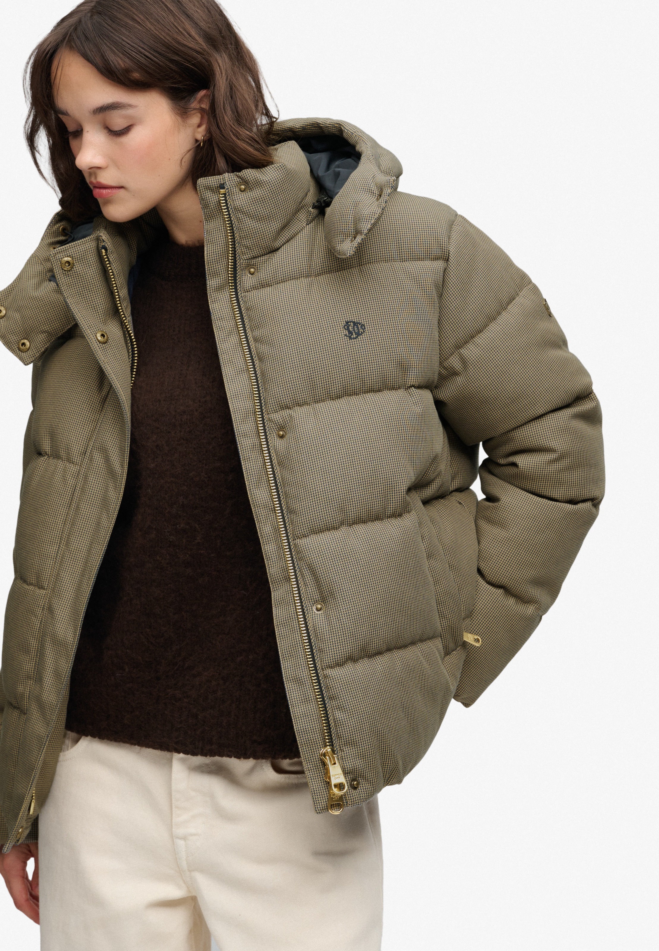 Superdry Steppjacke »PREMIUM HOOD CHECK PUFFER JKT« mit Kapuze Materialmix, relaxed fit, außen aus Webstoff mit Hahnentritt-Muster