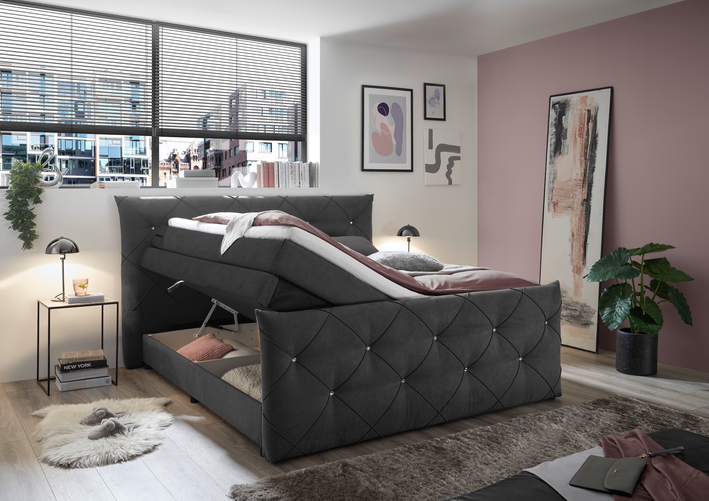 ED EXCITING DESIGN Boxspringbett »Villano«, mit Strasssteinen, Breite: 180cm, mit Bettkasten, inkl. Topper