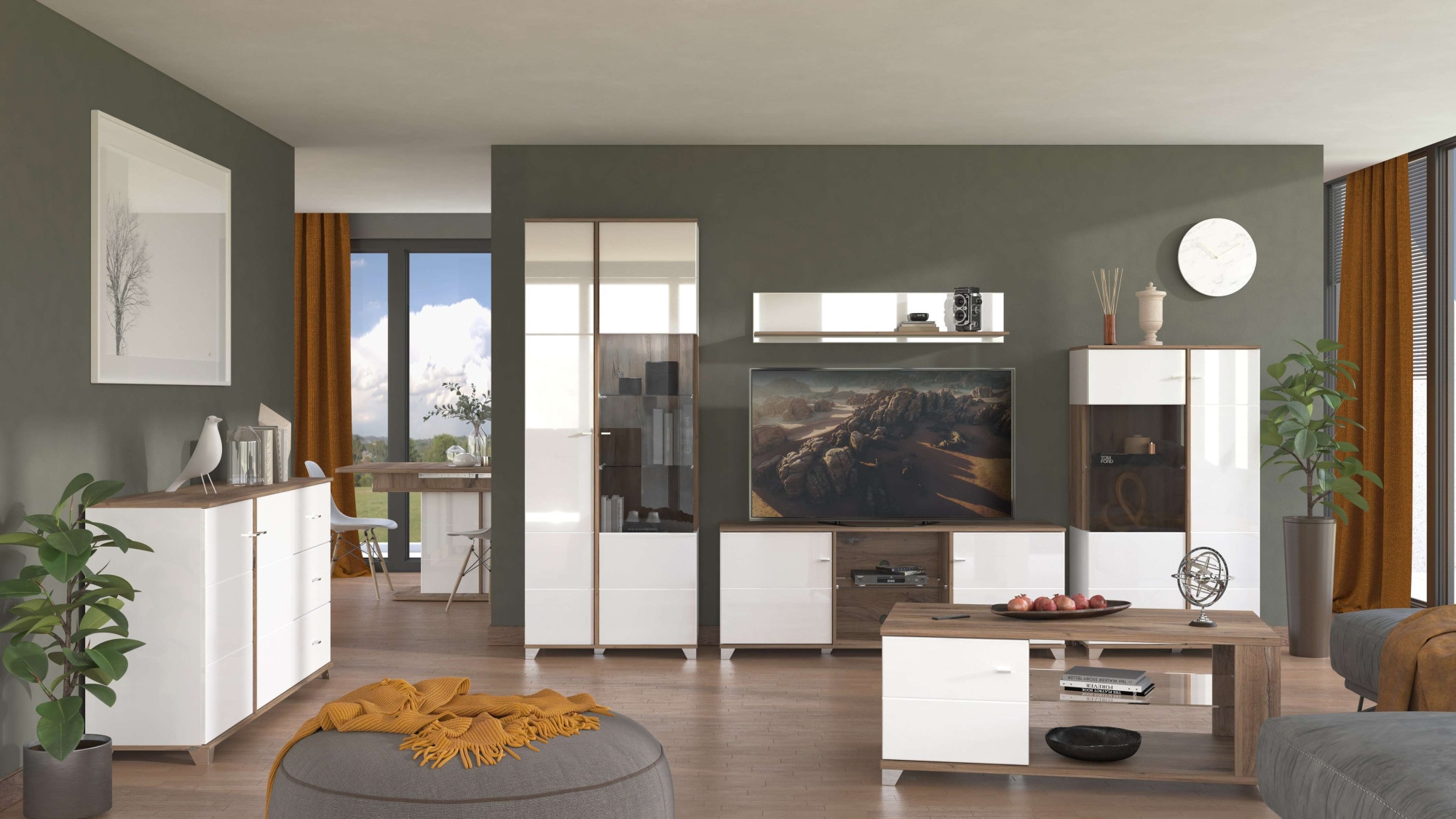 INOSIGN Highboard »Burgundy Sideboard, Stauraumschrank, Anrichte, Hochschrank, B93cm«, Hochglanzfronten und eine Innenausstattung in Flagstaff Eiche