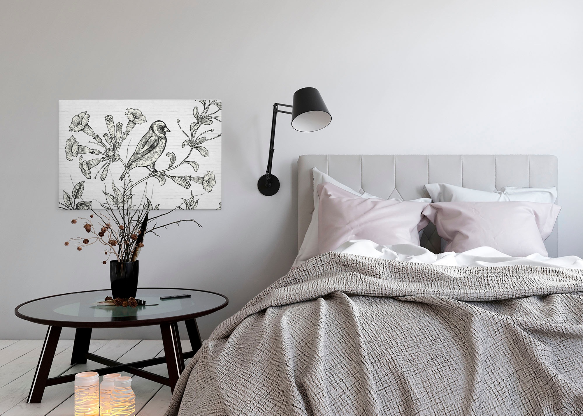 A.S. Création Leinwandbild »birdy«, Kunst-Gemälde-Kinder, (1 St.), Schwarz-Weiß Zeichnung Floral Keilrahmen Leinwand-Bild Wohnzimmer Wand