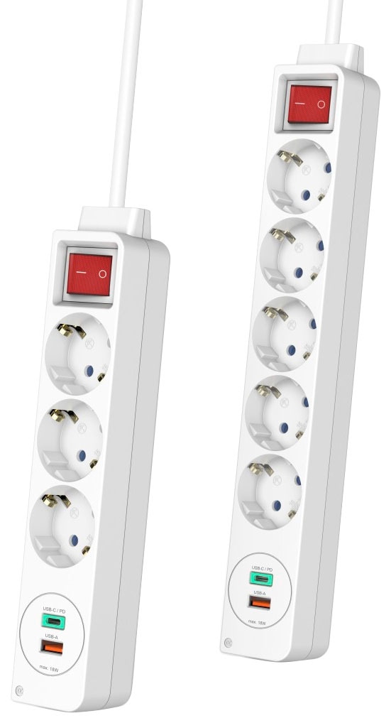 Hama Steckdosenleiste »Steckdosenleiste, 5-fach, USB-C/A 18W, PD/QC™, Schalter, Flachst.«, 7-fach, (Ein- / Ausschalter-USB-Anschlüsse Schutzkontaktkupplung-Schutzkontaktstecker Kabellänge 1,4 m), 1 x USB-A, 1 x USB-C
