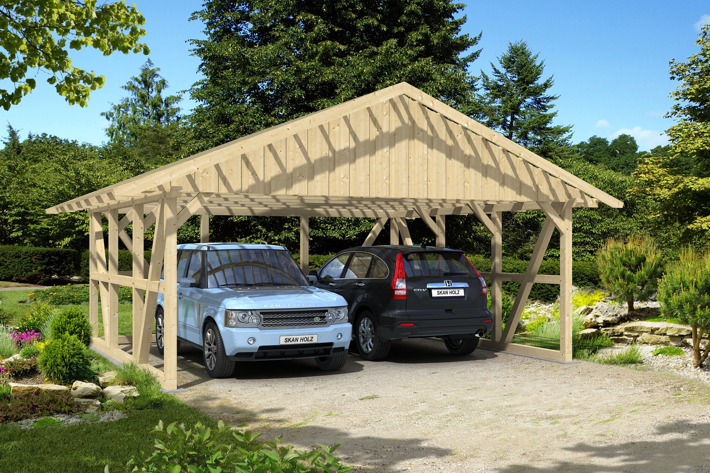 Skanholz Doppelcarport »Schwarzwald«, KVH-Fichte, 560 cm, Natur, mit Dachlattung
