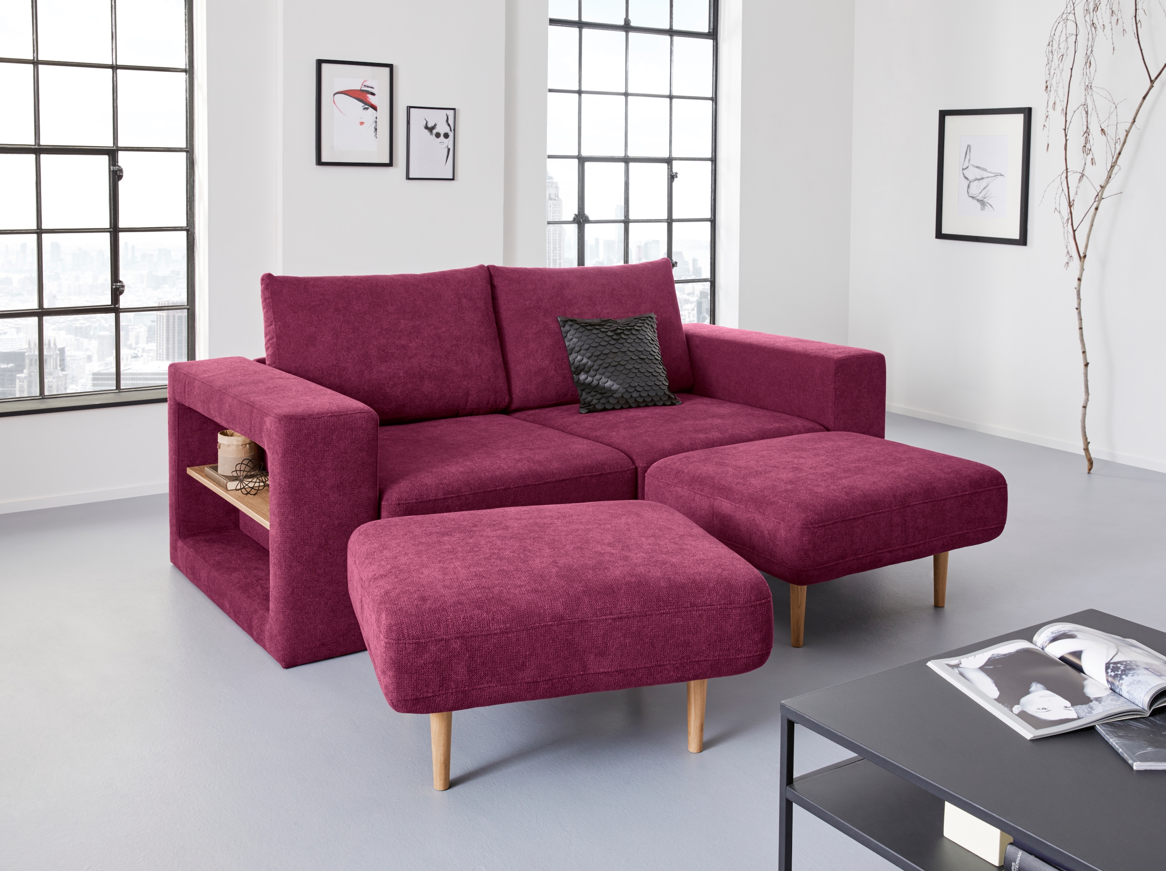 LOOKS by Wolfgang Joop 3-Sitzer "Looksvb", Verwandlungssofa: aus Sofa wird Sofa mit 2 Hockern, mit Regalfunktion